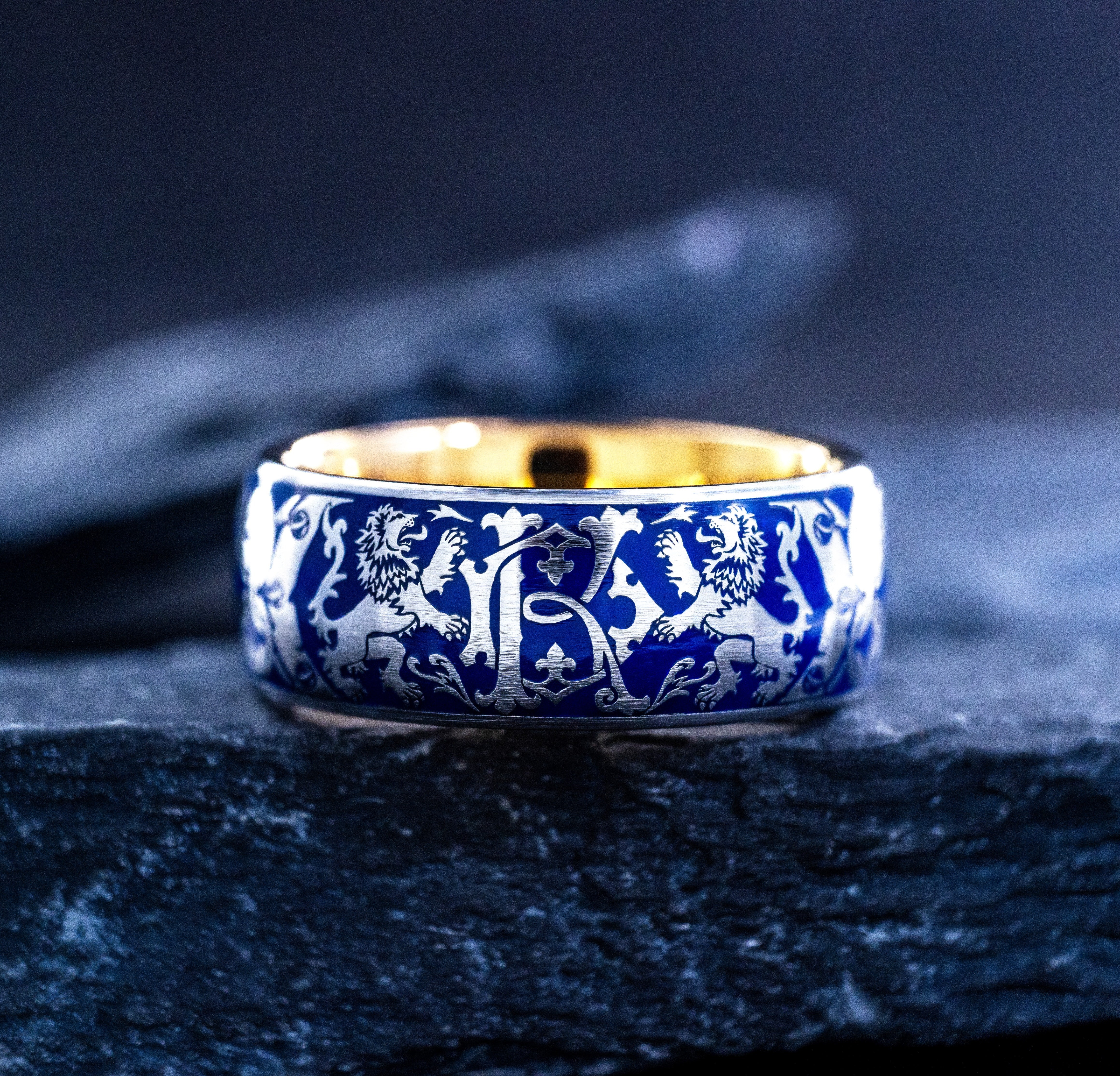 Personalized Monogram and Blue Enamel Ring, 9mm Rose Gold Plated Tungsten Carbide Band with Medieval Heraldic Lions