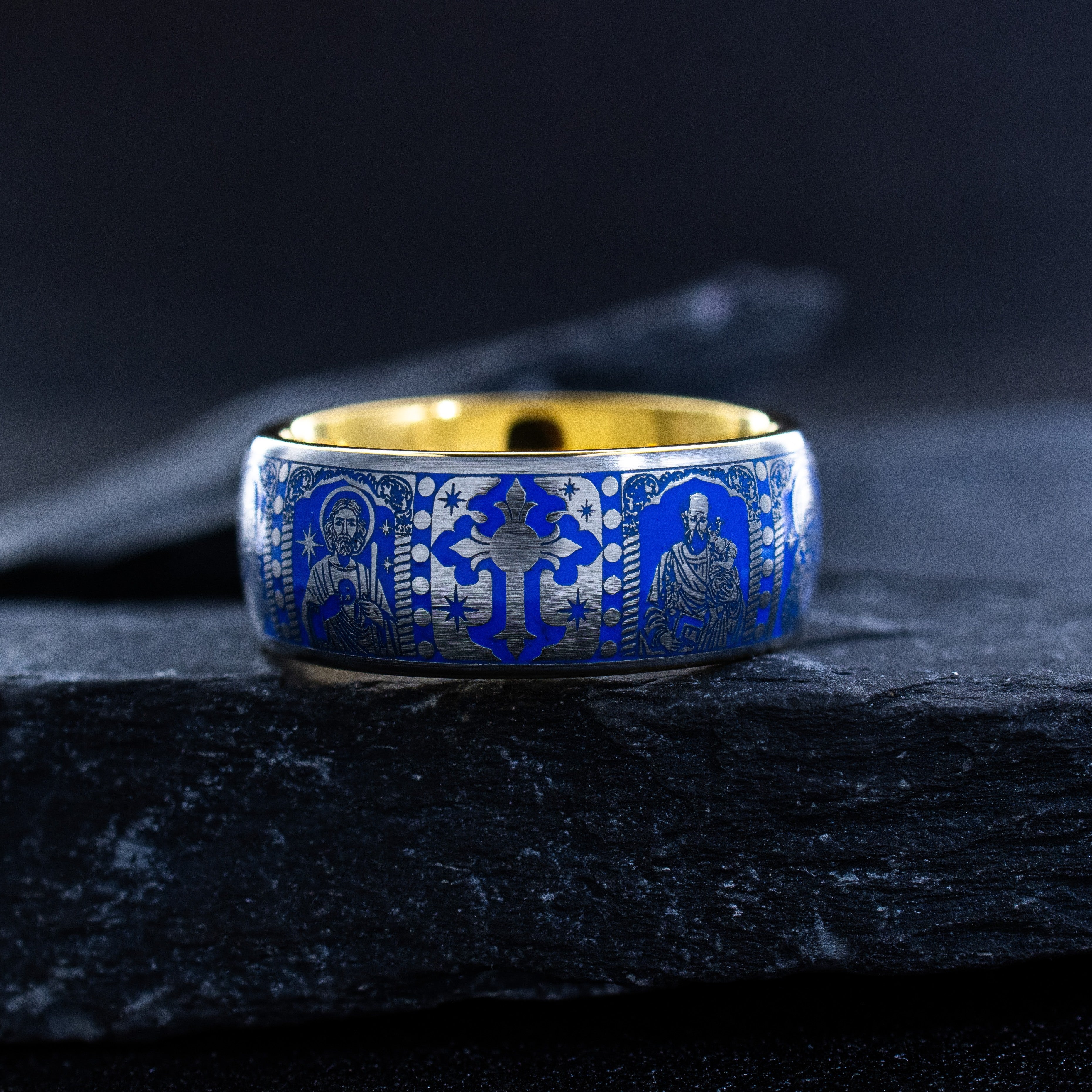 Christian Inspired Royal Blue Enamel Tungsten Ring, 9mm Yellow Gold Plated Band with Christ and Several Christian Saints