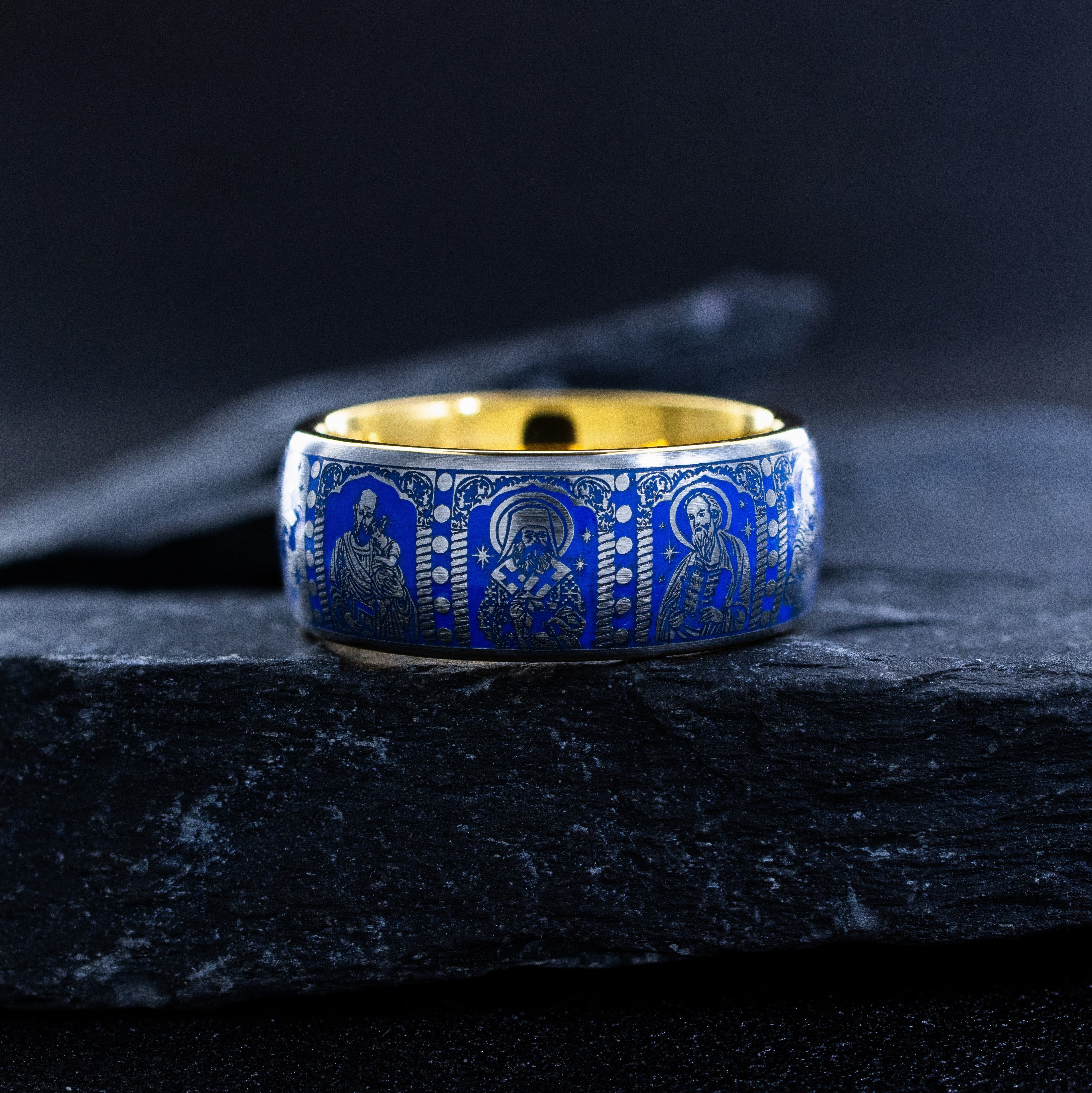 Christian Inspired Royal Blue Enamel Tungsten Ring, 9mm Yellow Gold Plated Band with Christ and Several Christian Saints