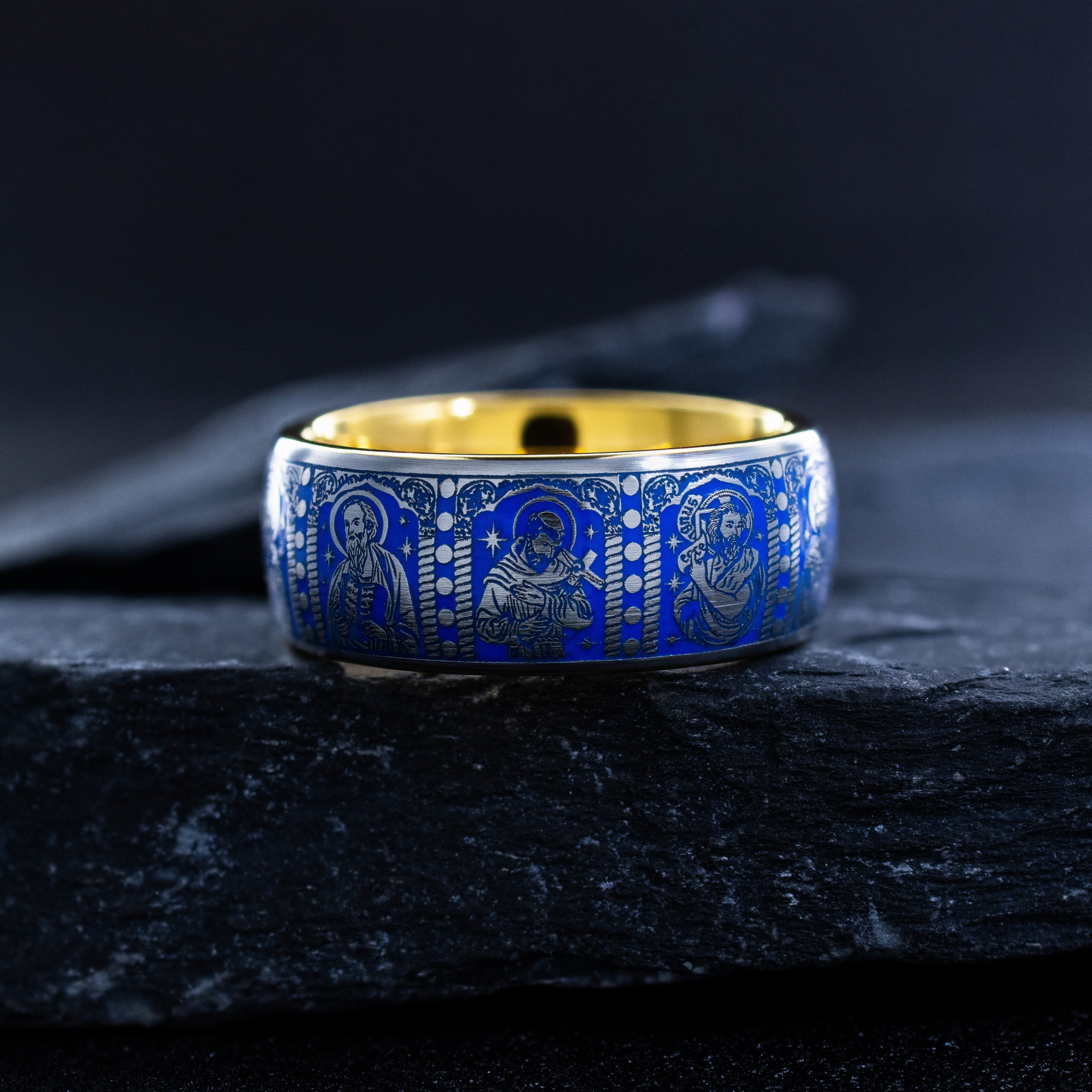 Christian Inspired Royal Blue Enamel Tungsten Ring, 9mm Yellow Gold Plated Band with Christ and Several Christian Saints