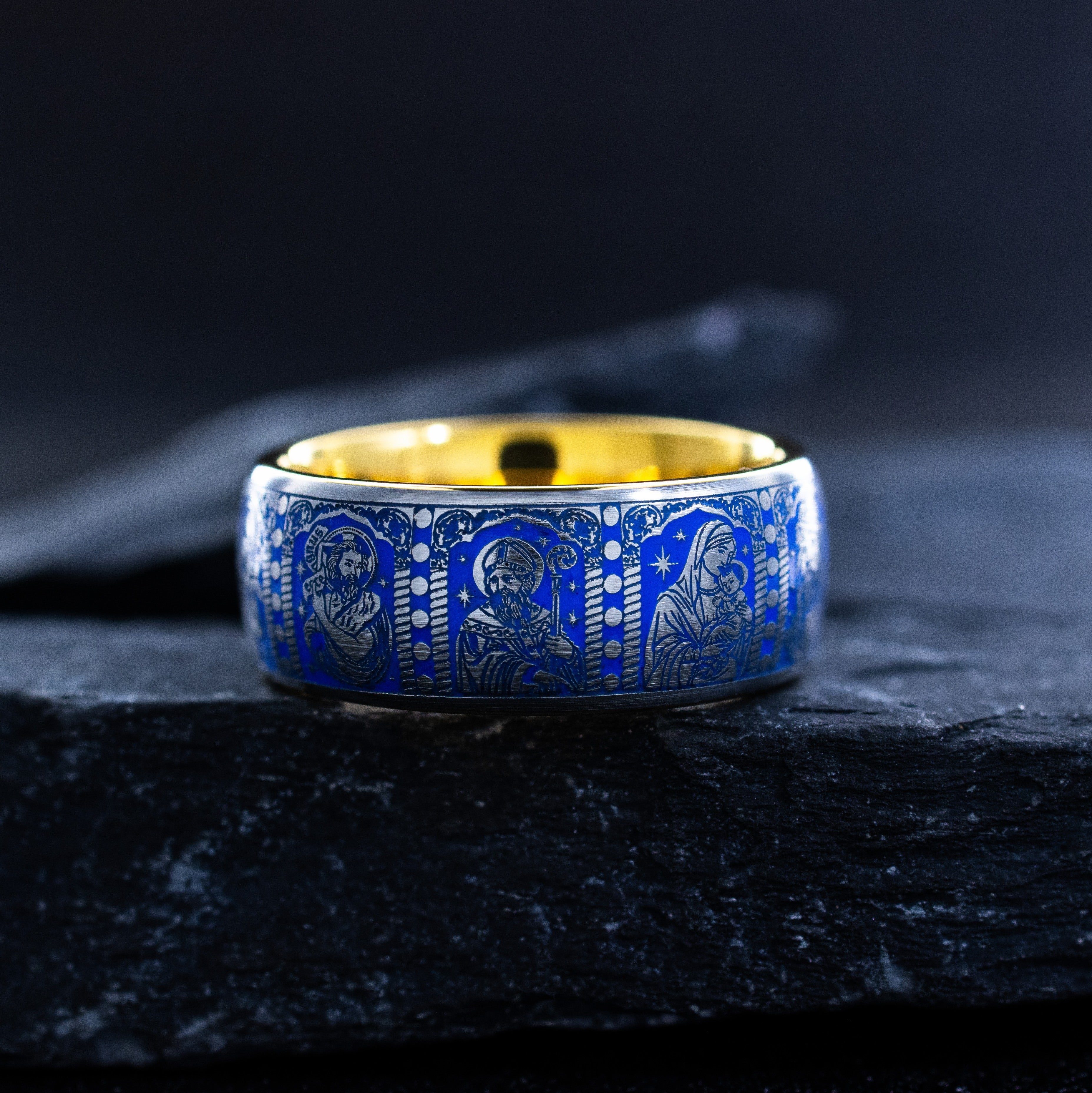 Christian Inspired Royal Blue Enamel Tungsten Ring, 9mm Yellow Gold Plated Band with Christ and Several Christian Saints