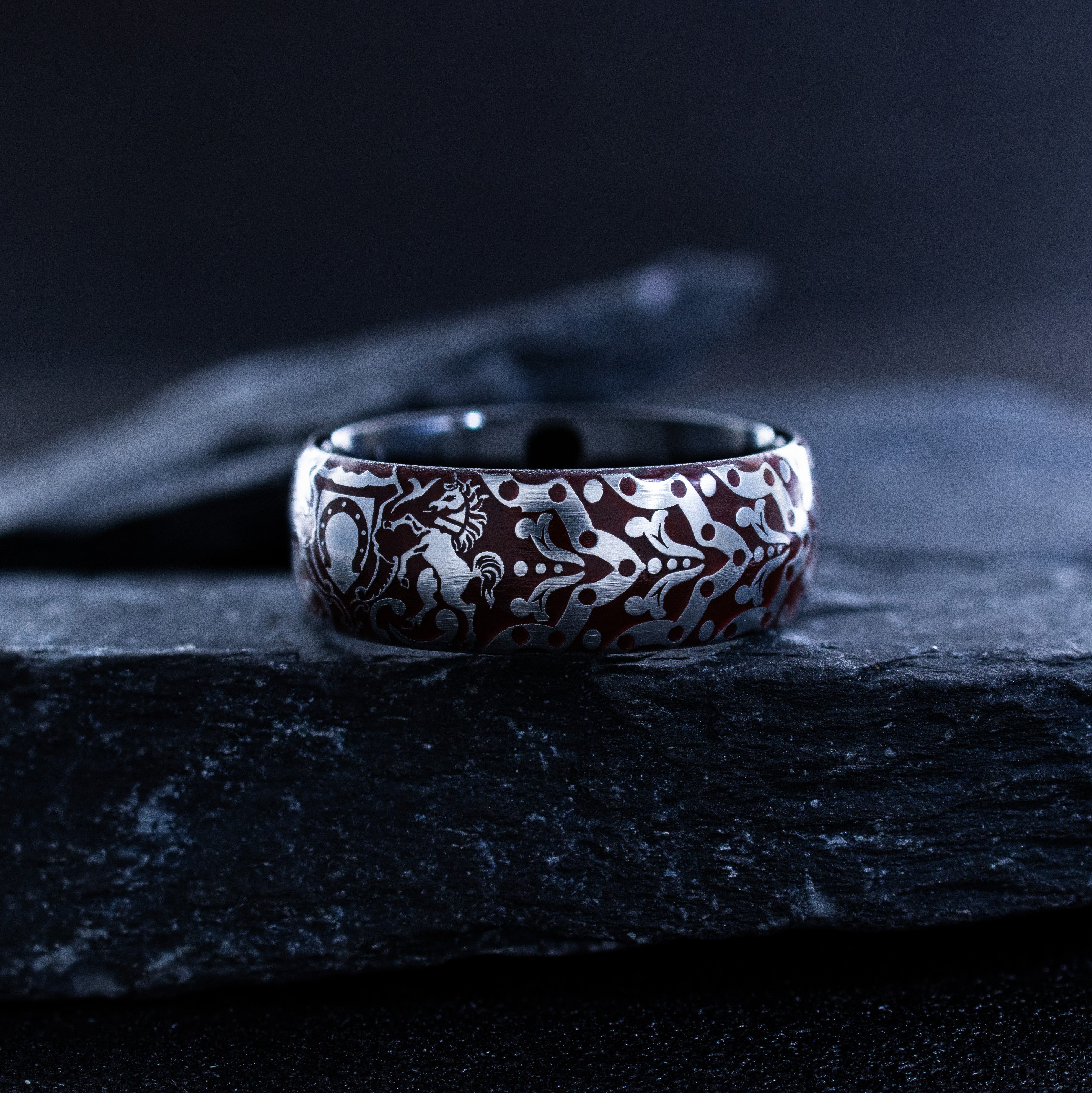 Horses and Horseshoe Dark Red Enamel Tungsten Ring, 8mm Black Tungsten Band
