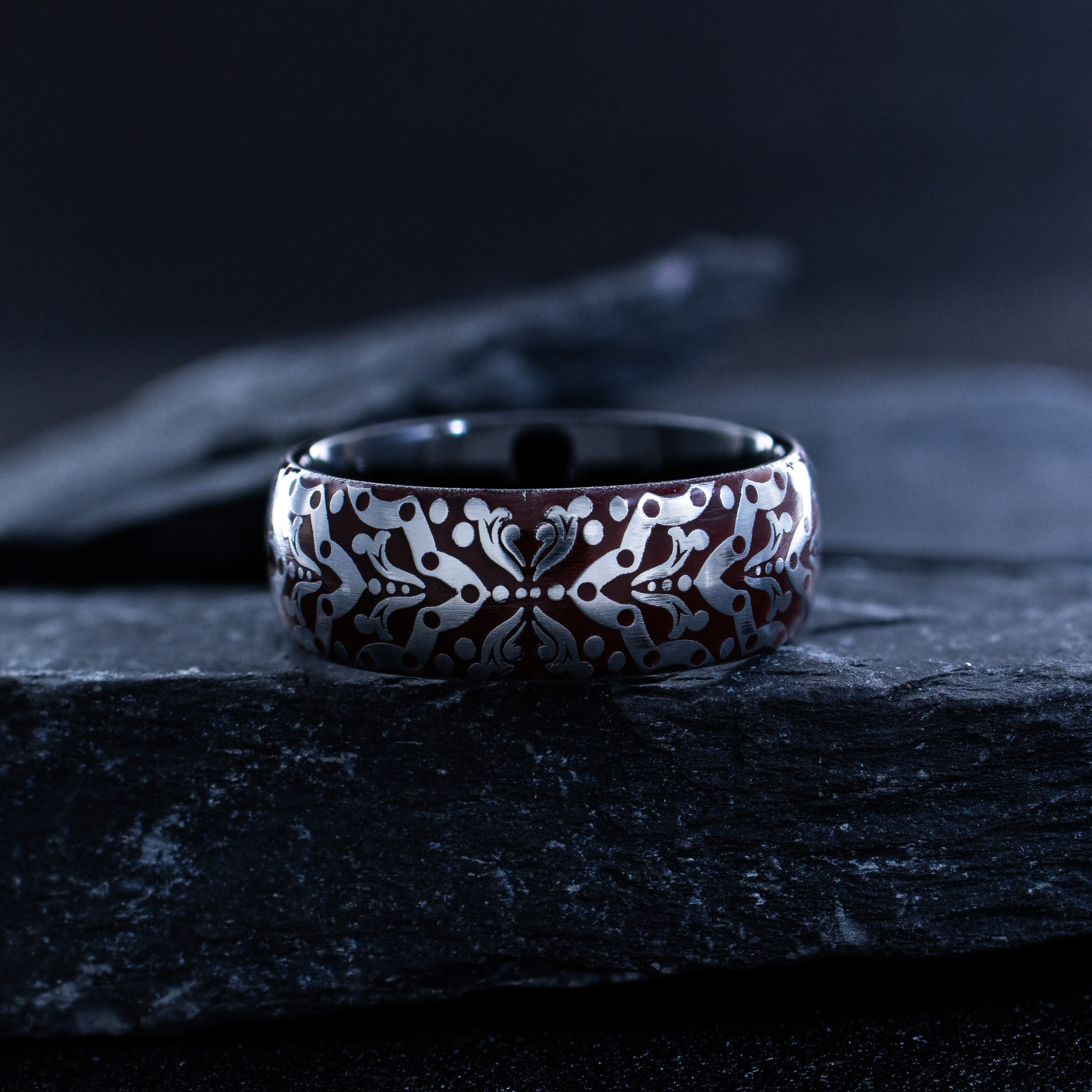 Horses and Horseshoe Dark Red Enamel Tungsten Ring, 8mm Black Tungsten Band