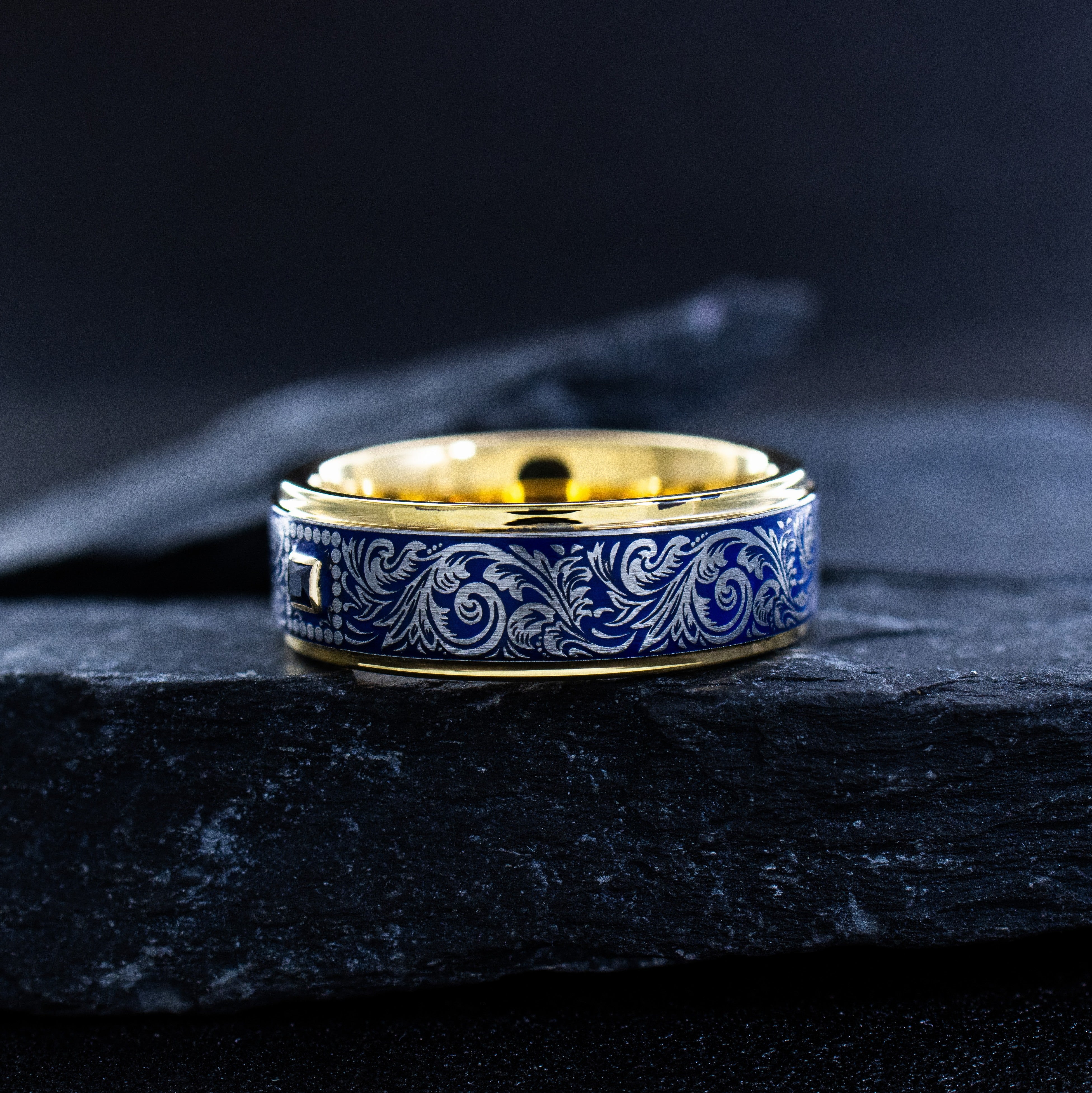 Royal Blue Enamel Victorian Floral Ring with a Fleur de Lis, 8mm Yellow Gold Plated Band with Gemstone