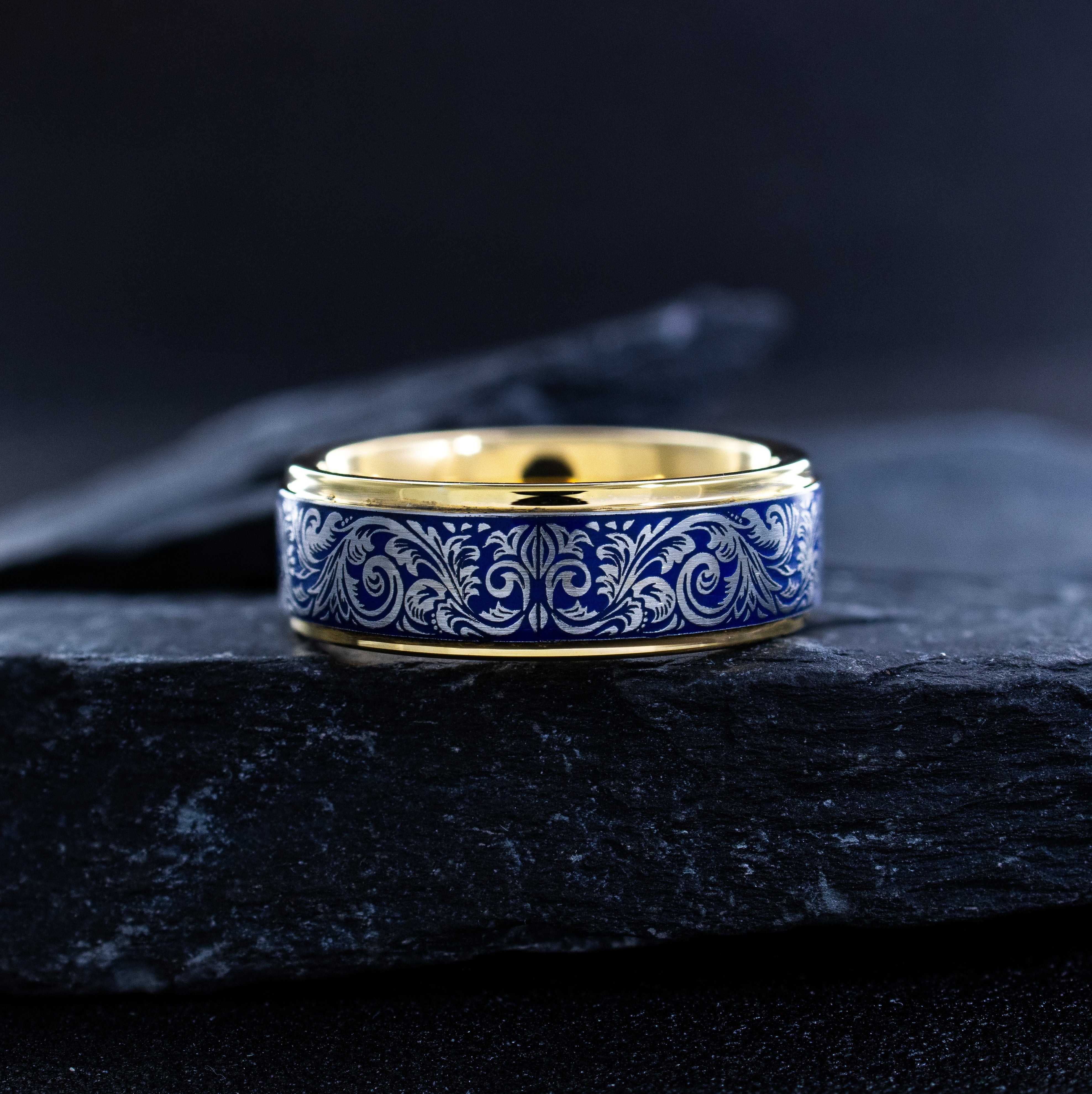 Royal Blue Enamel Victorian Floral Ring with a Fleur de Lis, 8mm Yellow Gold Plated Band with Gemstone