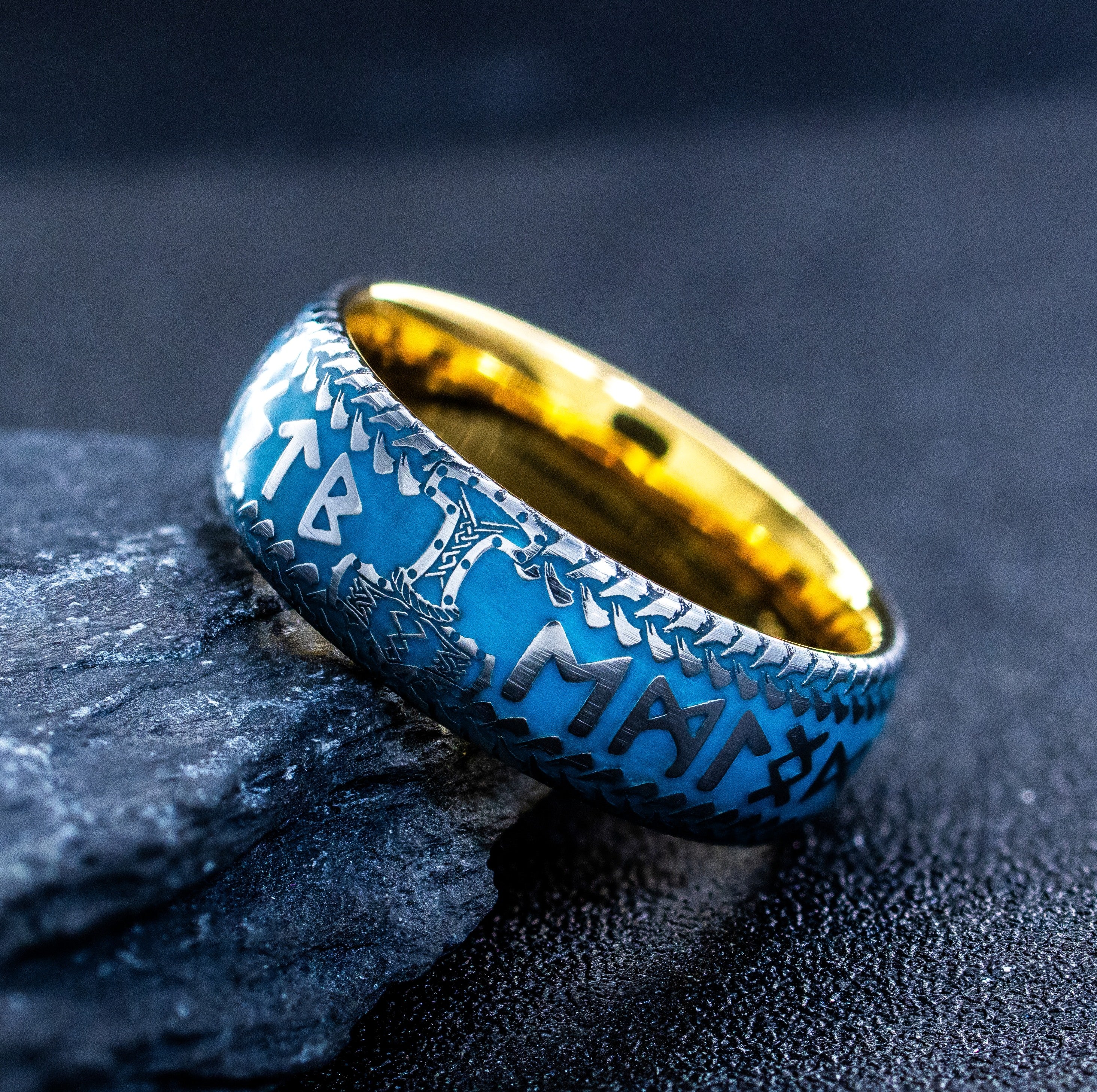 Blue Enamel Viking Norse Tungsten Carbide Ring, 8mm Yellow Gold Plated Band with Thor's Hammer and Nordic Runes Engravings and Custom Enamel