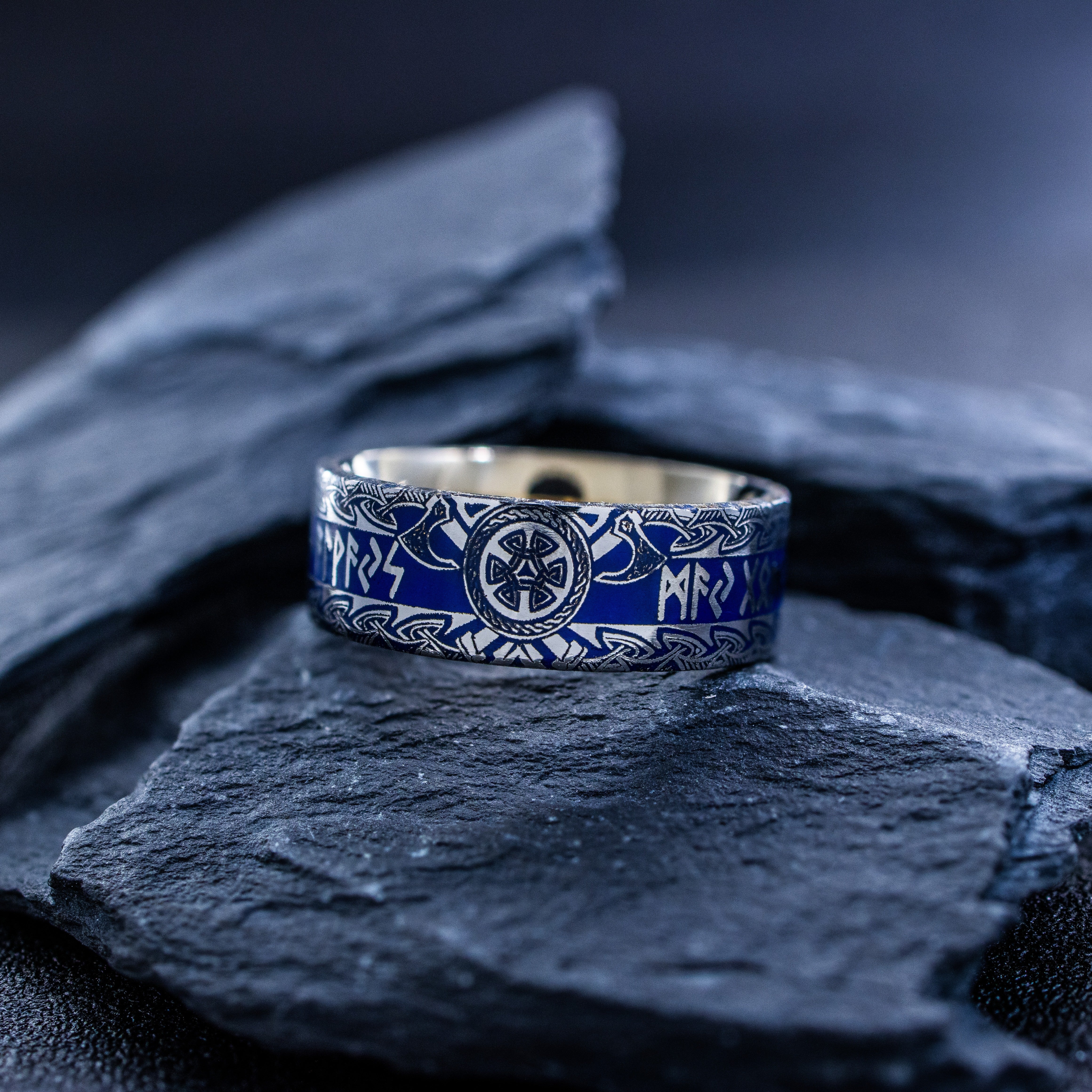 8mm Titanium Band with Norse Viking Runes and Blue Enamel