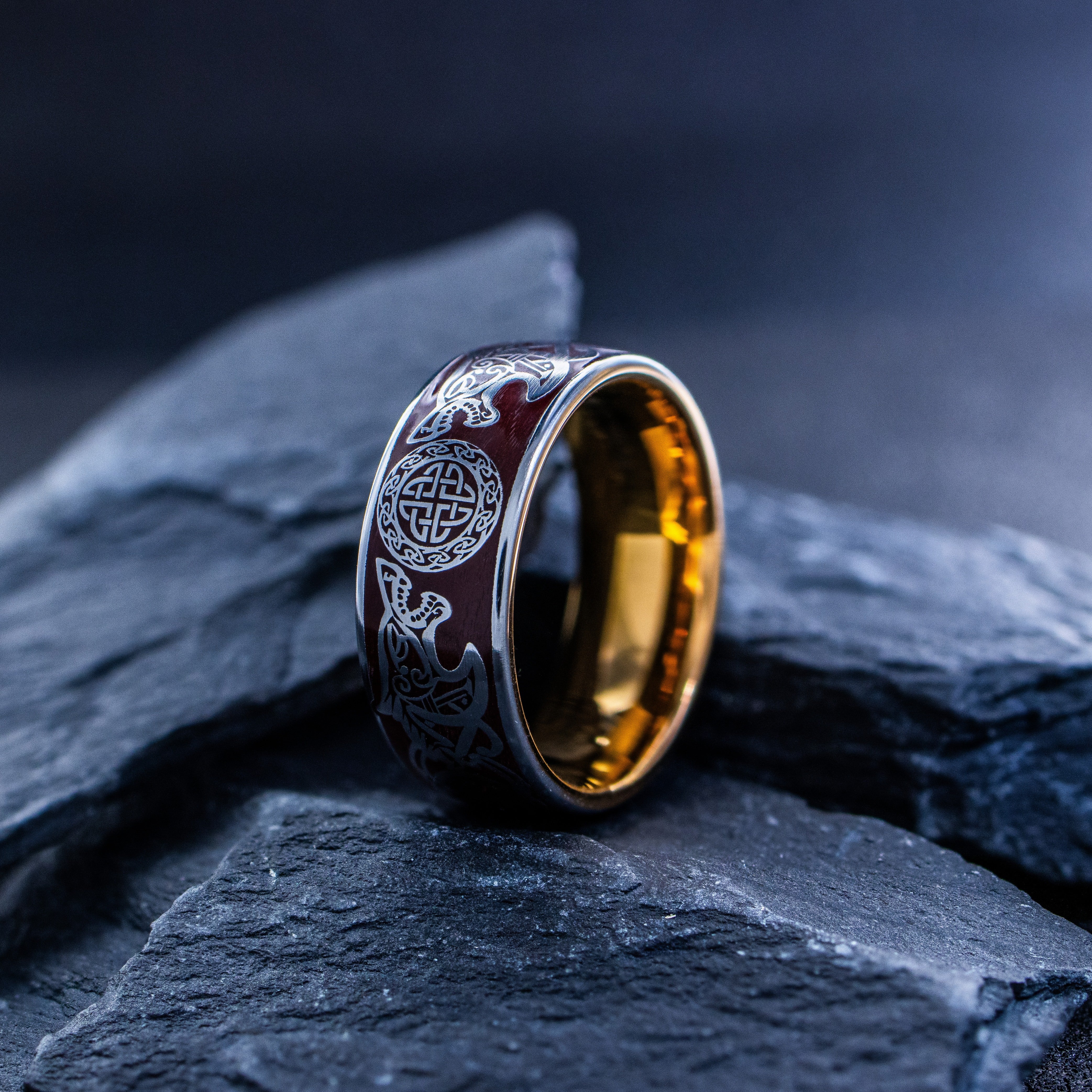 Norse Viking Wolf Head and Runes Ring, 9mm Rose Gold Plated Tungsten Band with Enamel