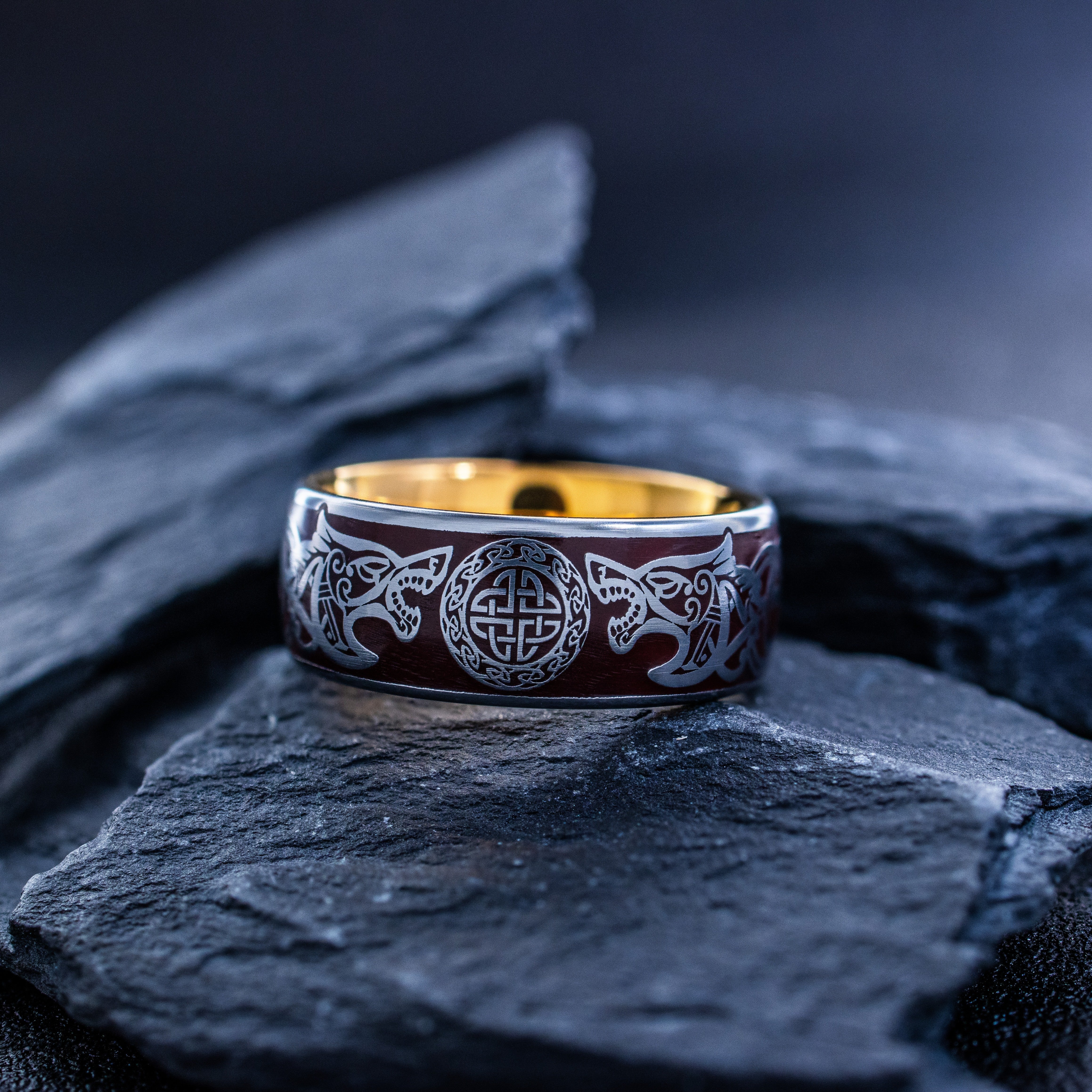 Norse Viking Wolf Head and Runes Ring, 9mm Rose Gold Plated Tungsten Band with Enamel