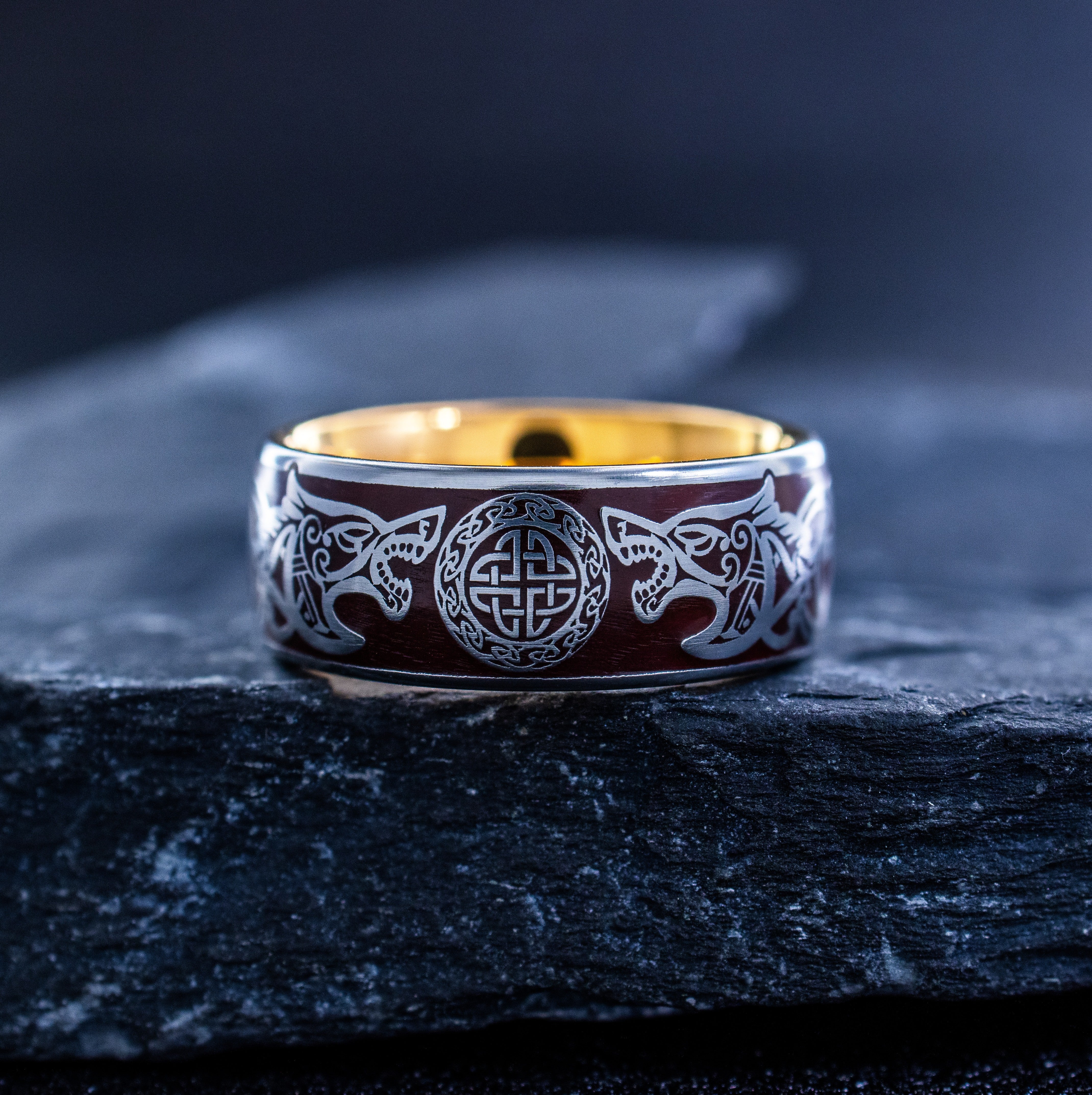 Norse Viking Wolf Head and Runes Ring, 9mm Rose Gold Plated Tungsten Band with Enamel