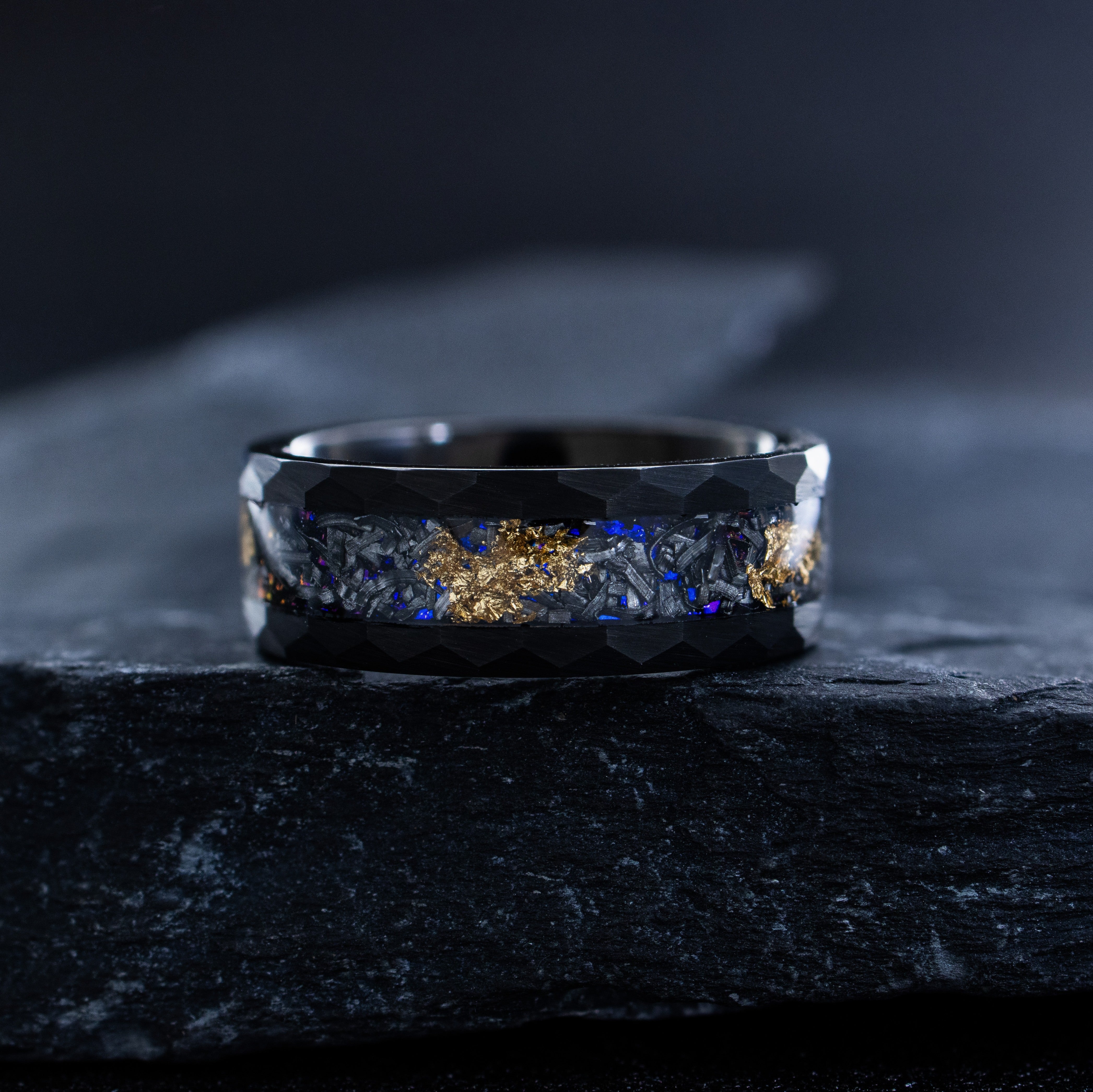 8mm Black Hammered Tungsten Ring with Sandstone, Meteorite, and Gold Leaf