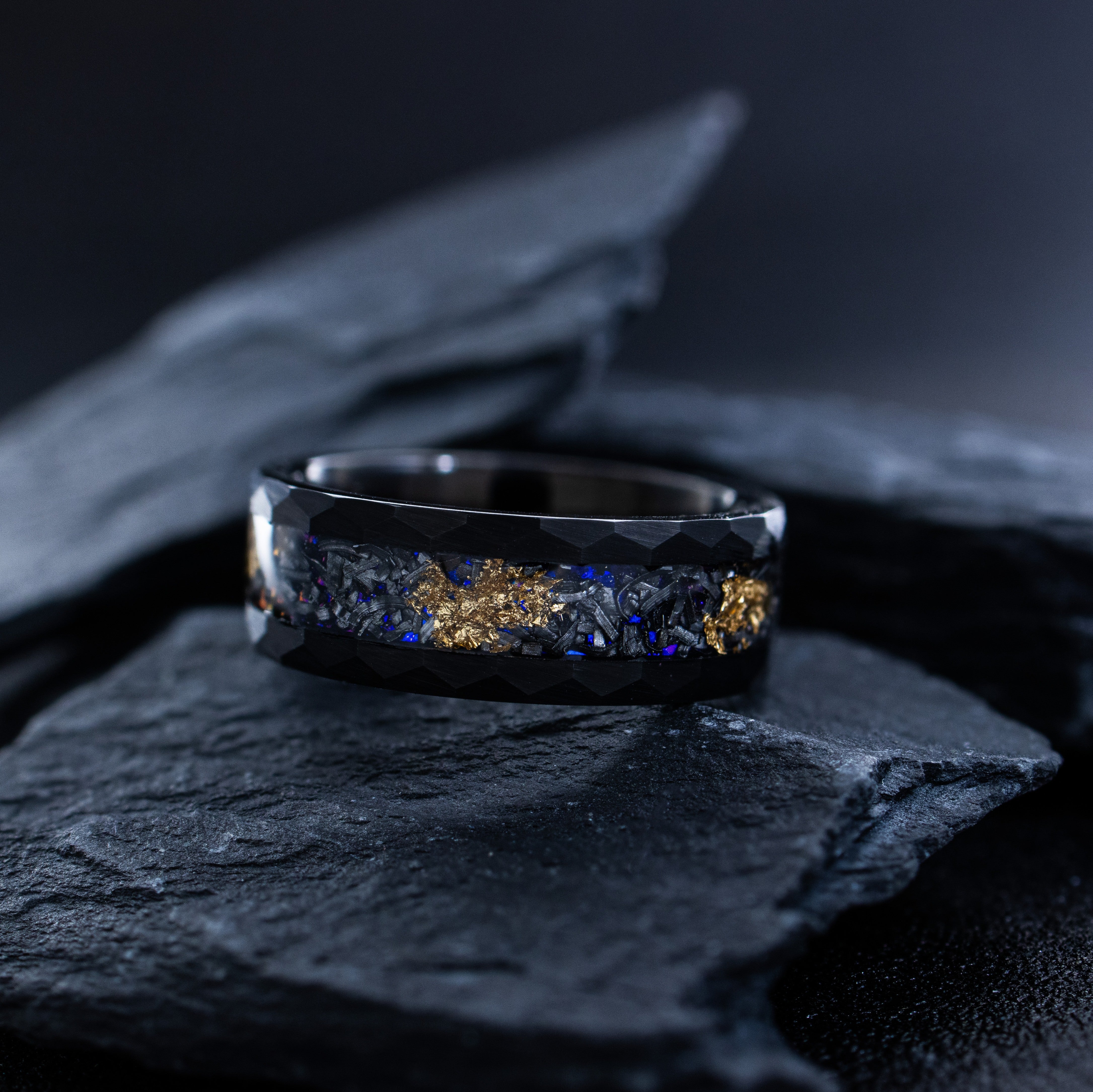 8mm Black Hammered Tungsten Ring with Sandstone, Meteorite, and Gold Leaf