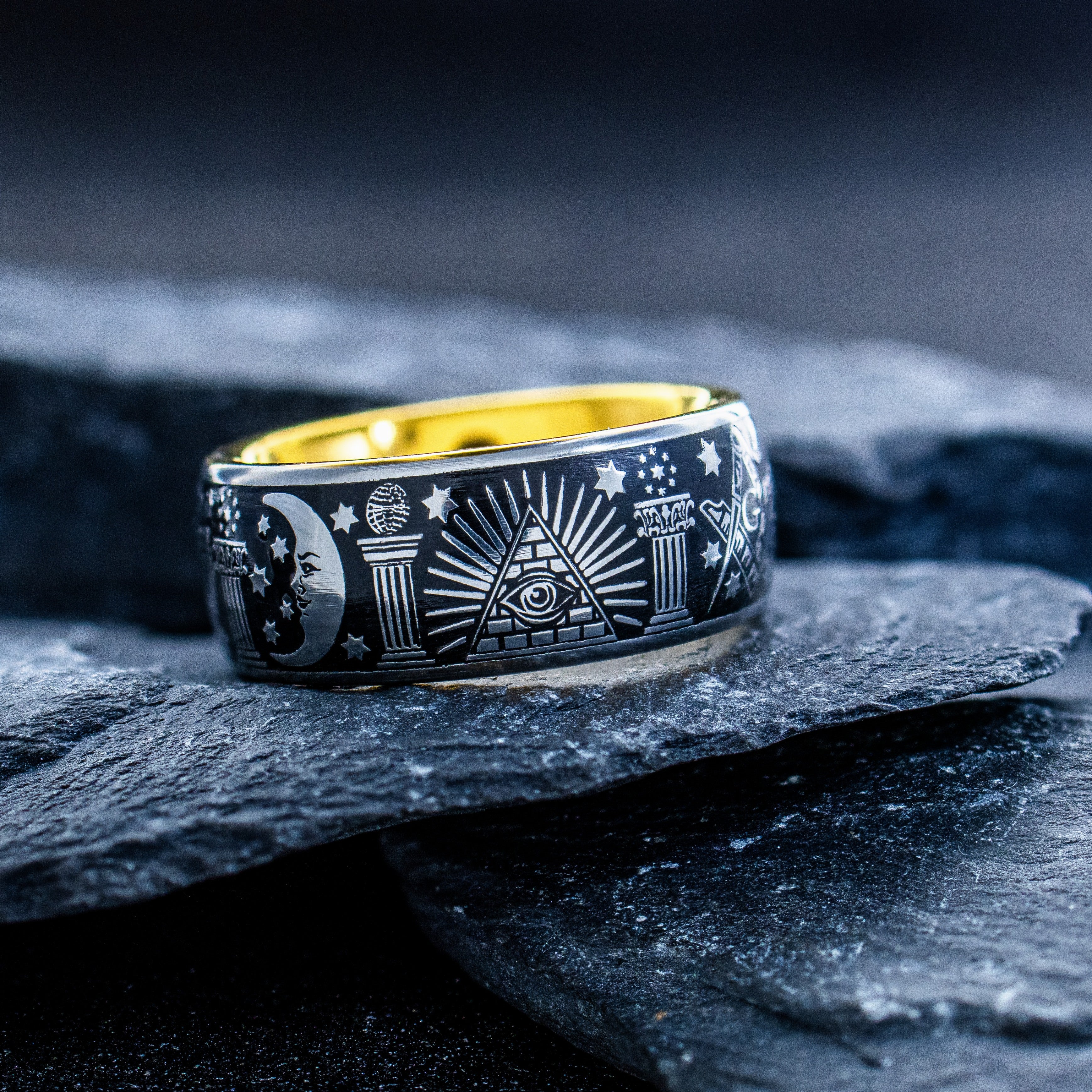 Masonic Tungsten Carbide Ring, 9mm Yellow Gold Plated Band with Masonic Symbols and Blue Enamel