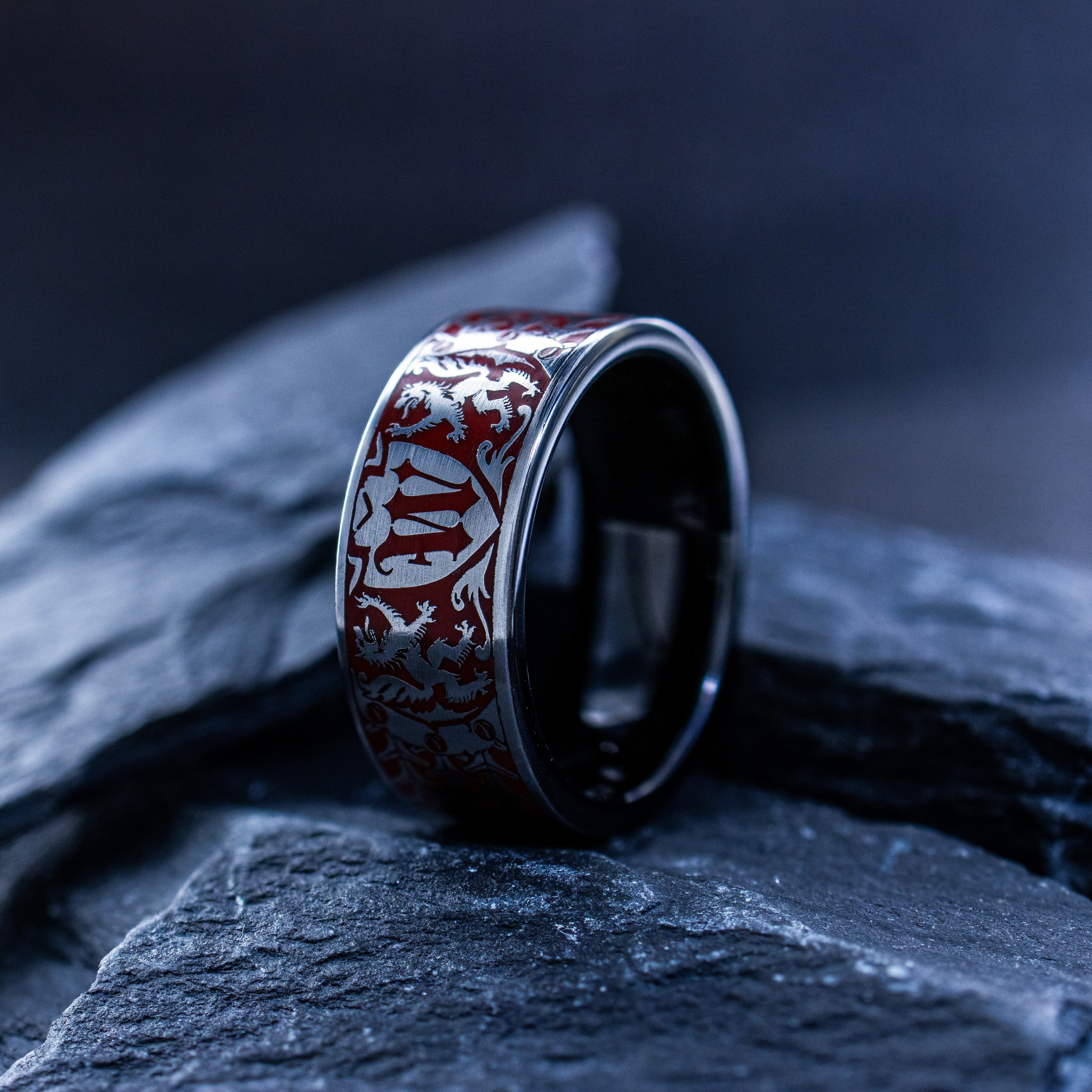 Red Enamel Medieval Wolf and Monogram Ring, 9mm Black Tungsten Carbide Band