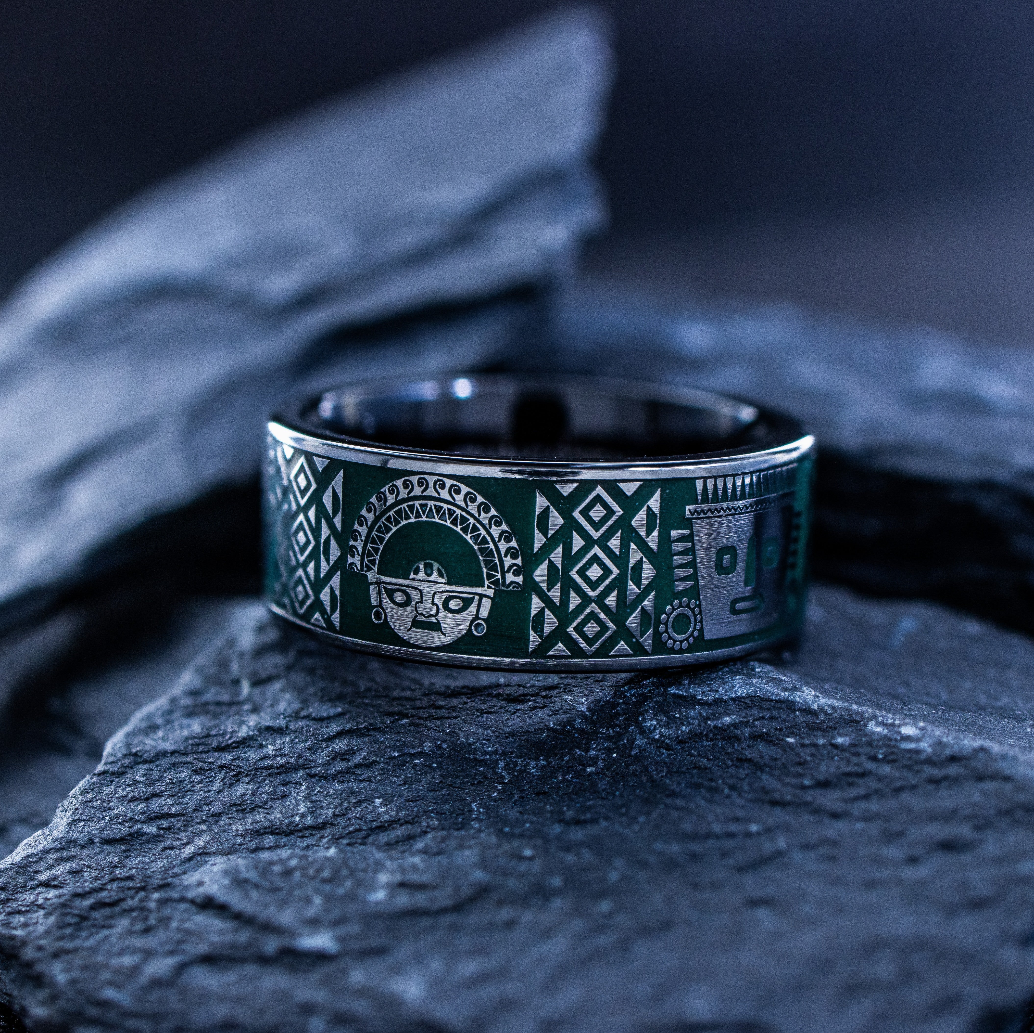 Dark Green Enamel Colombian Ring, 9mm Black Tungsten Carbide Ring