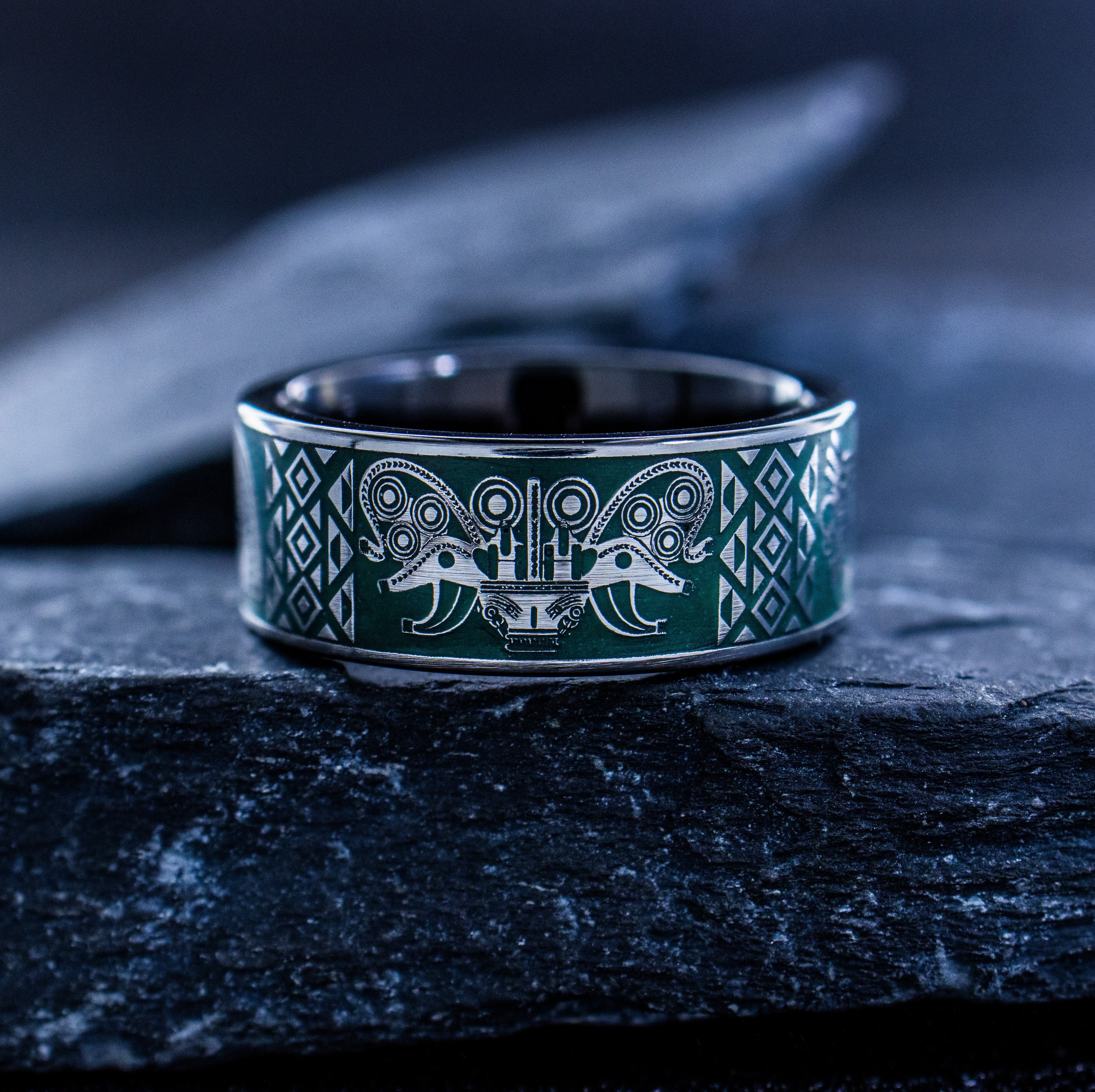 Dark Green Enamel Colombian Ring, 9mm Black Tungsten Carbide Ring