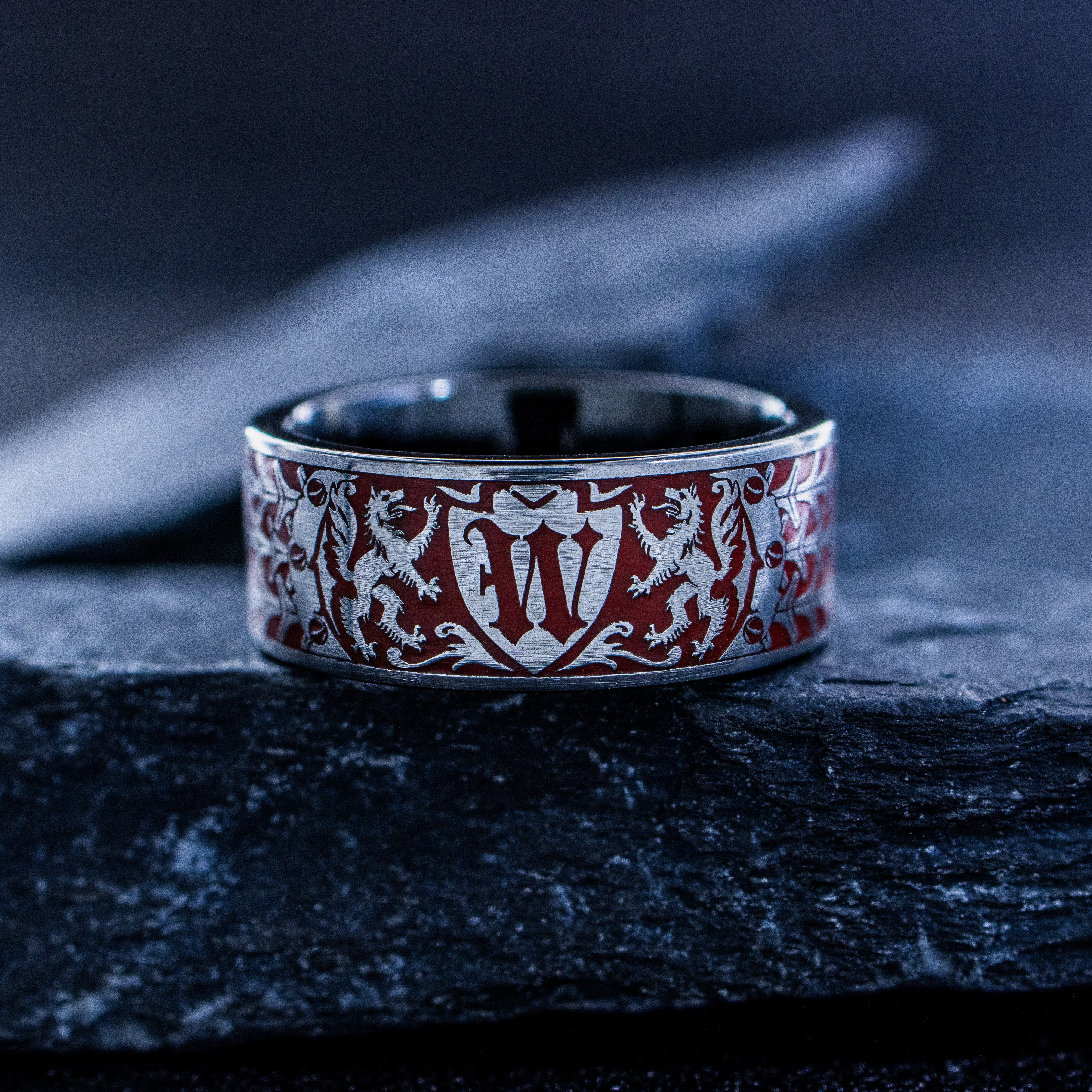 Red Enamel Medieval Wolf and Monogram Ring, 9mm Black Tungsten Carbide Band