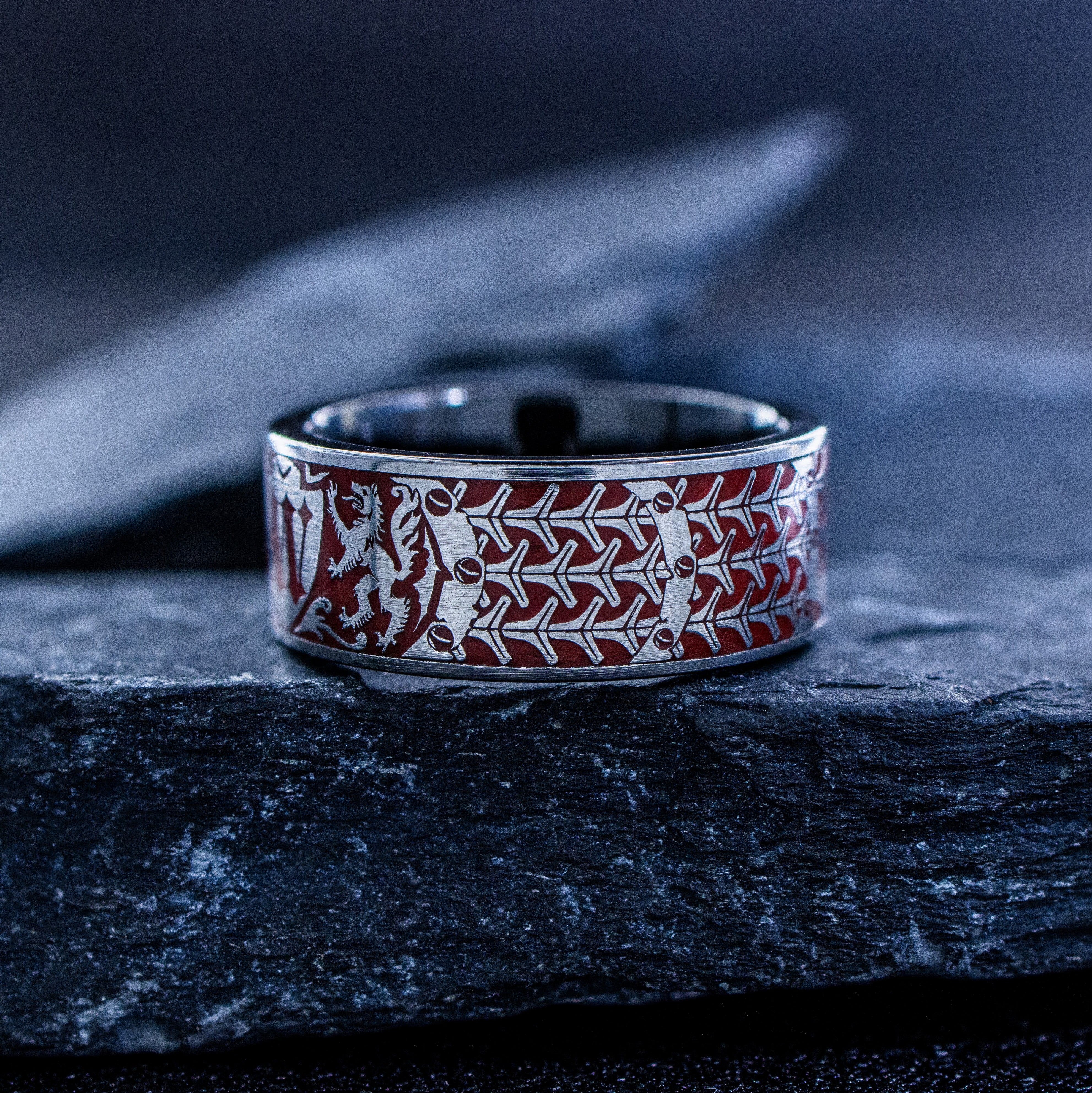 Red Enamel Medieval Wolf and Monogram Ring, 9mm Black Tungsten Carbide Band