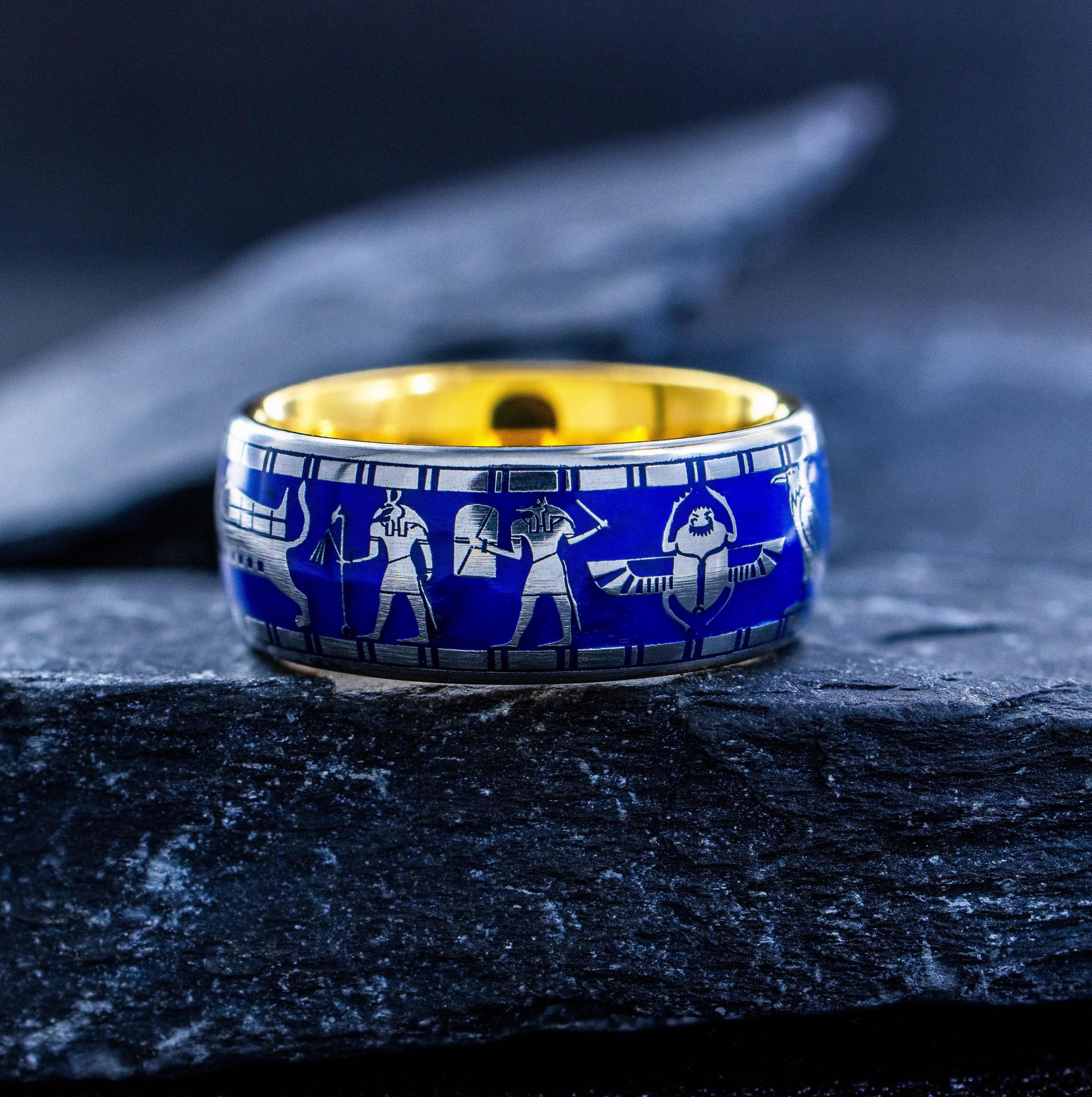 Ancient Egyptian Ring with Blue Enamel, 9mm Gold Plated Tungsten Carbide Band