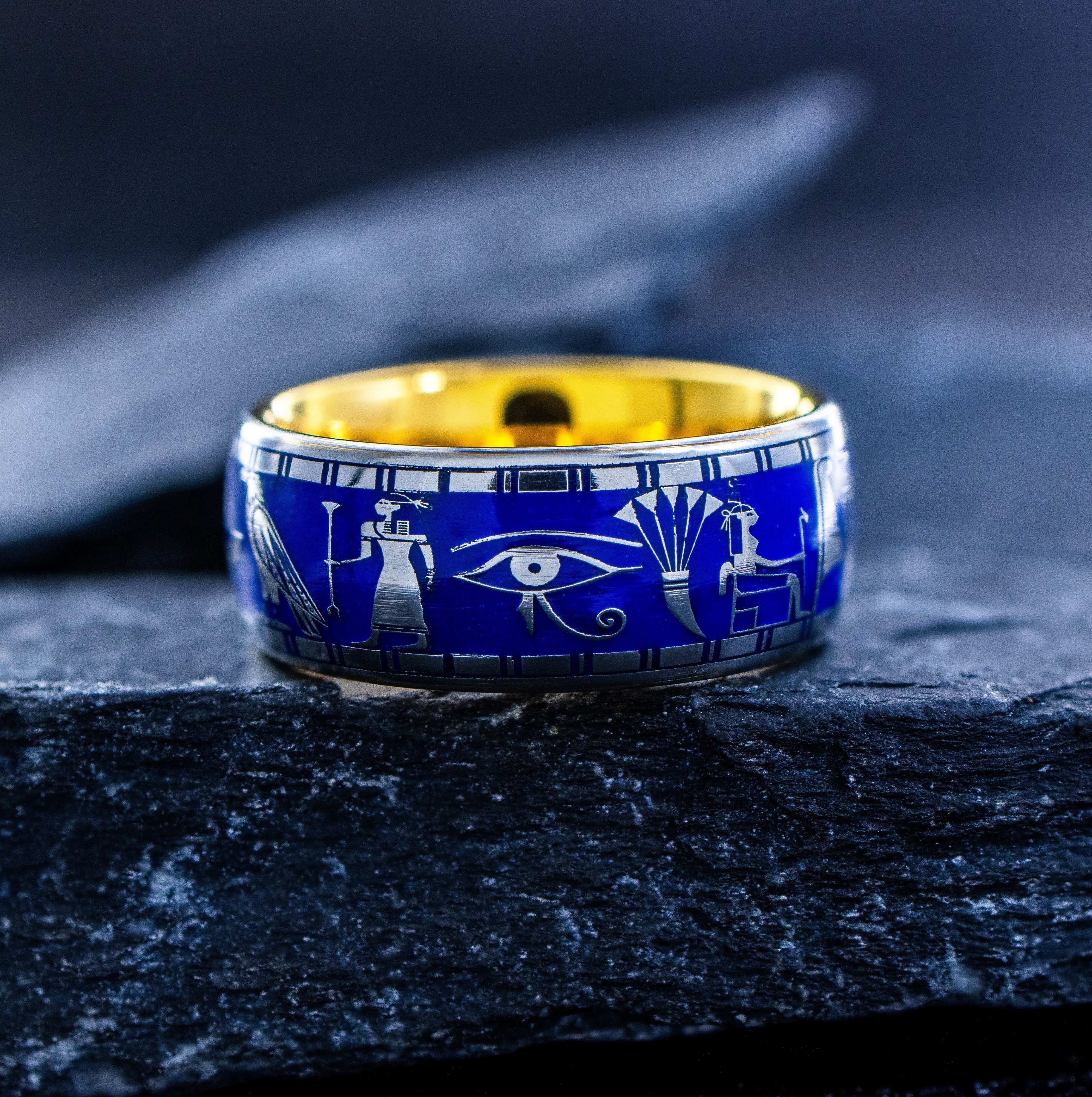 Ancient Egyptian Ring with Blue Enamel, 9mm Gold Plated Tungsten Carbide Band