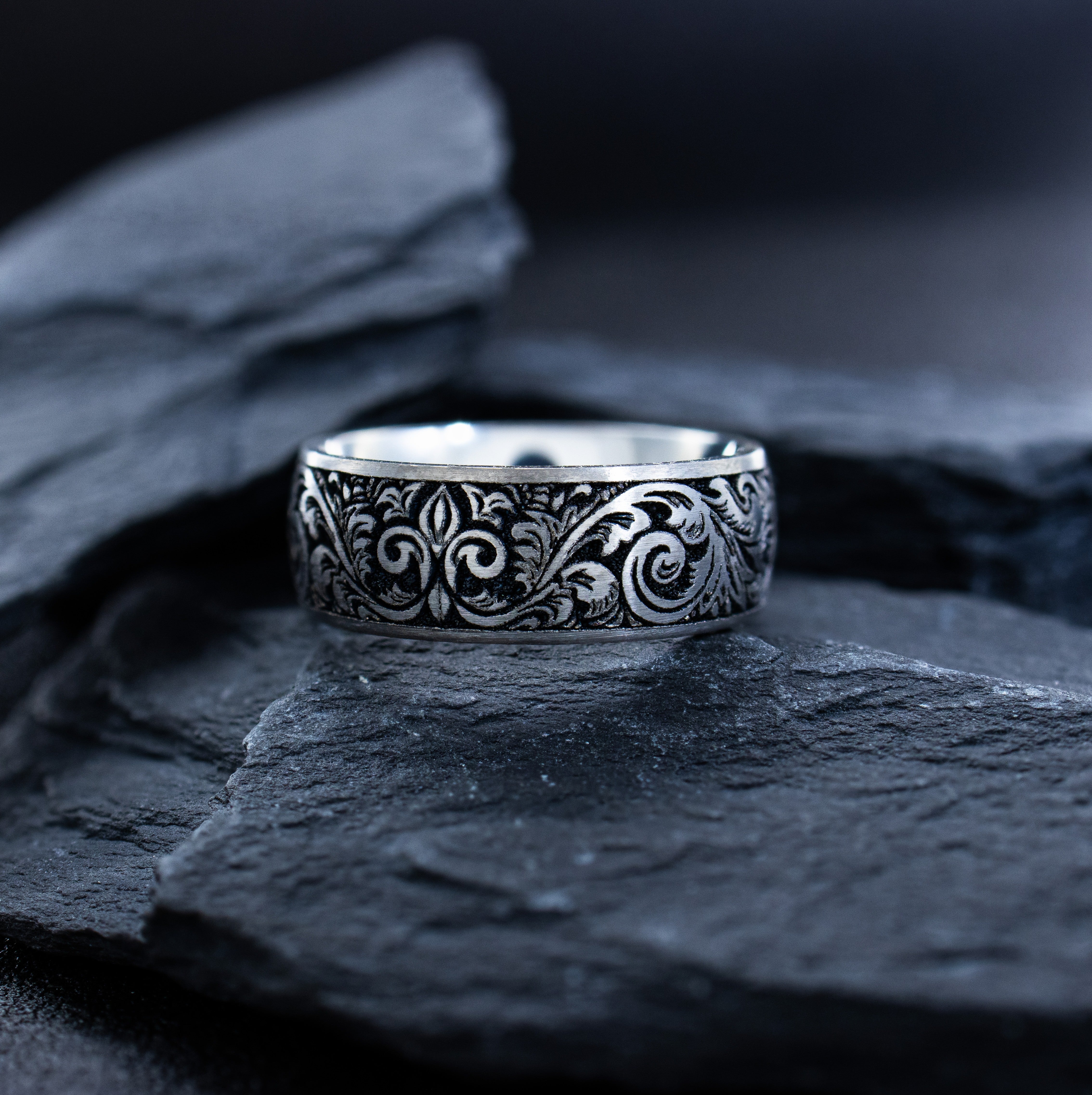 8mm Silver Titanium Band with Deep Engraved Fleur de Lis and Victorian Floral Pattern