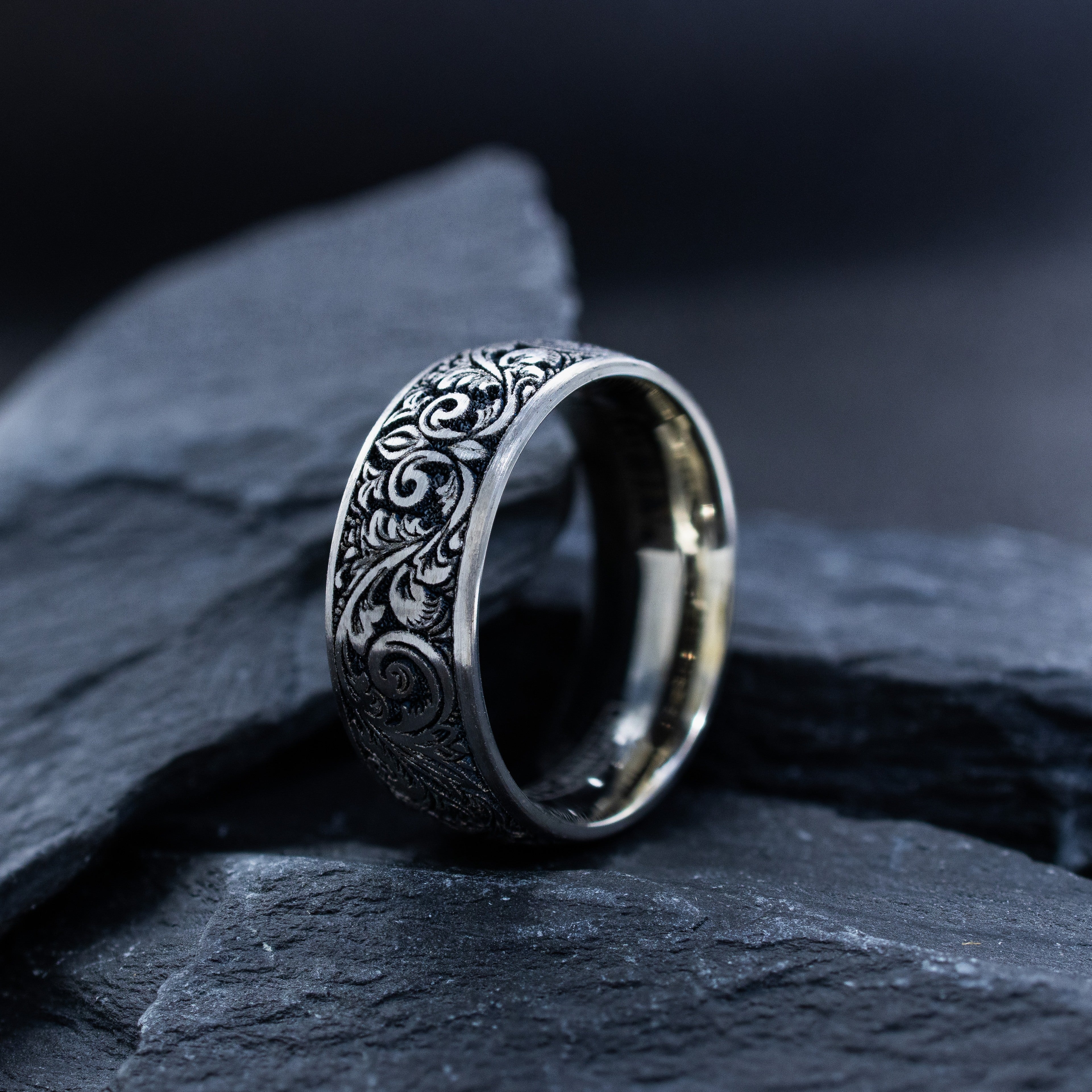 8mm Silver Titanium Band with Deep Engraved Fleur de Lis and Victorian Floral Pattern