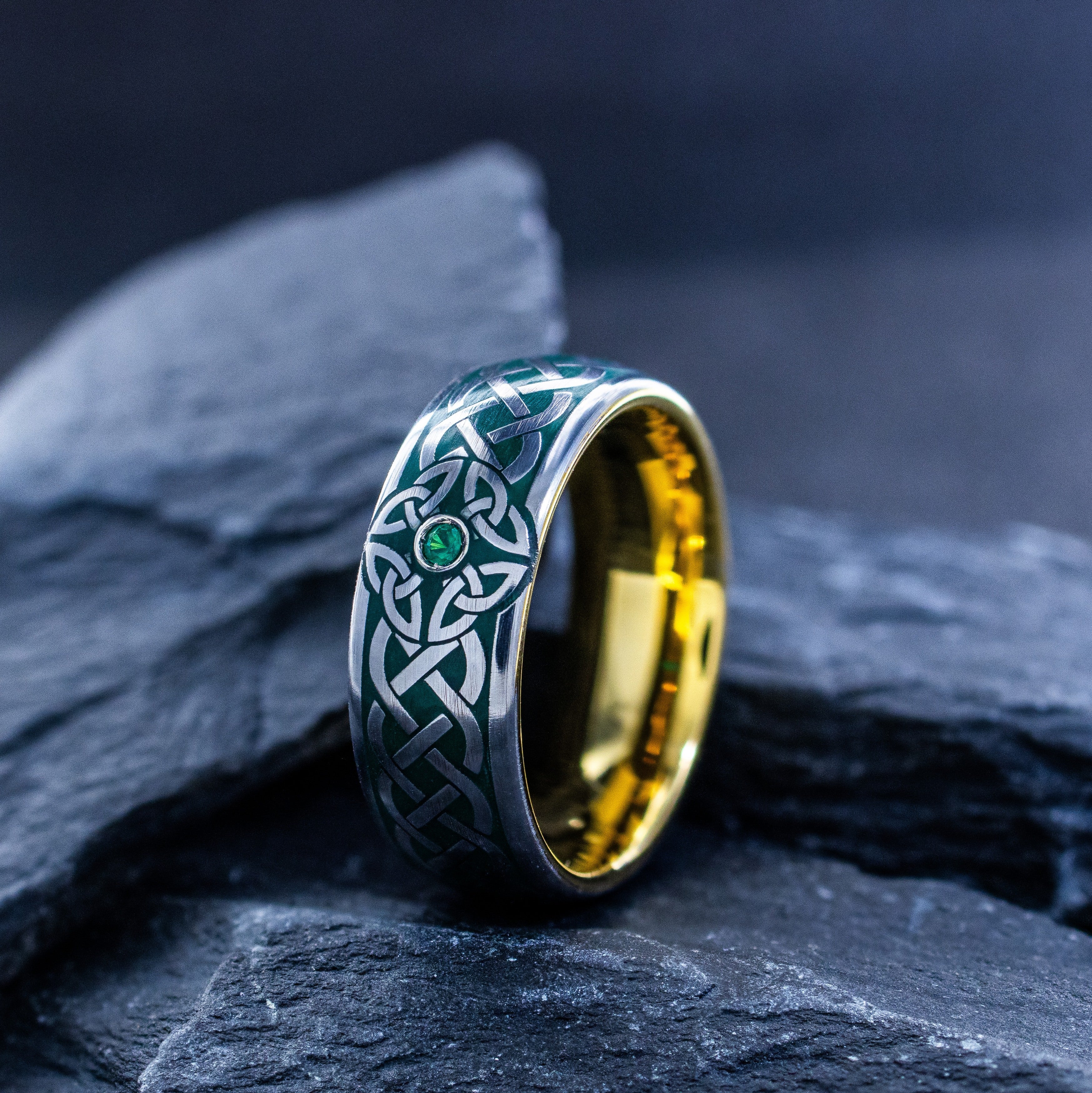 Celtic Knot and Gemstone Tungsten Ring with Dark Green Enamel, 8mm Yellow Gold Plated Tungsten Carbide Band