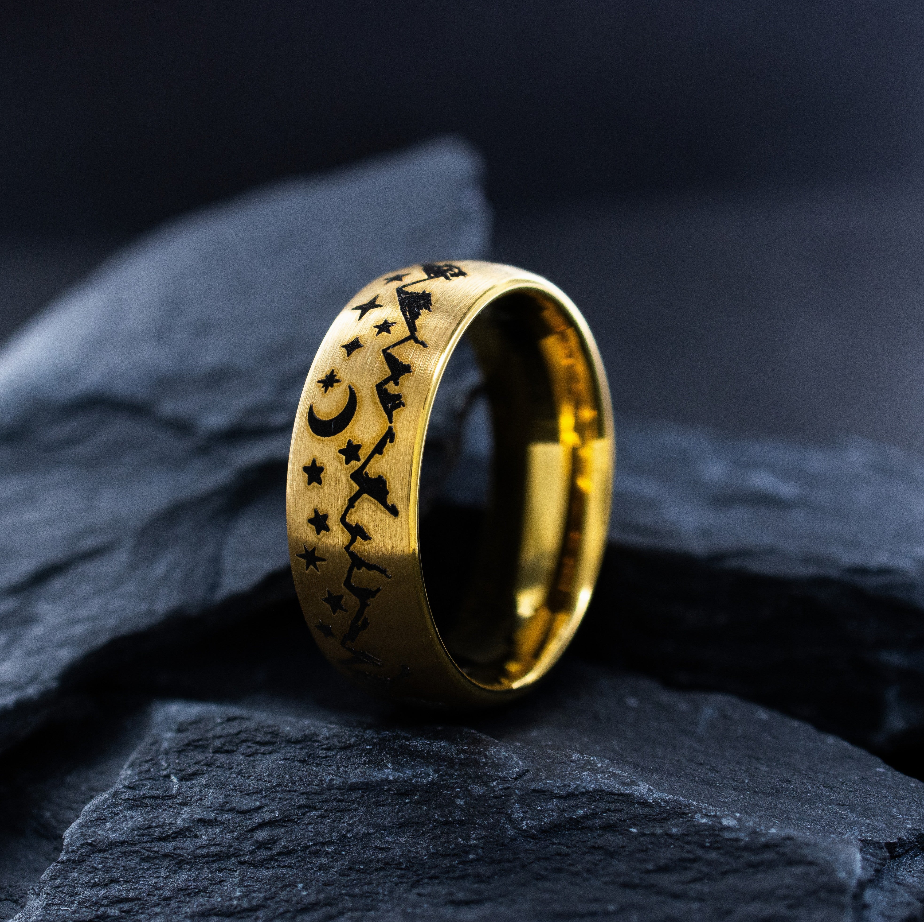 8mm Black Engraved Tungsten Ring with Mountains and Celestial Skyscape