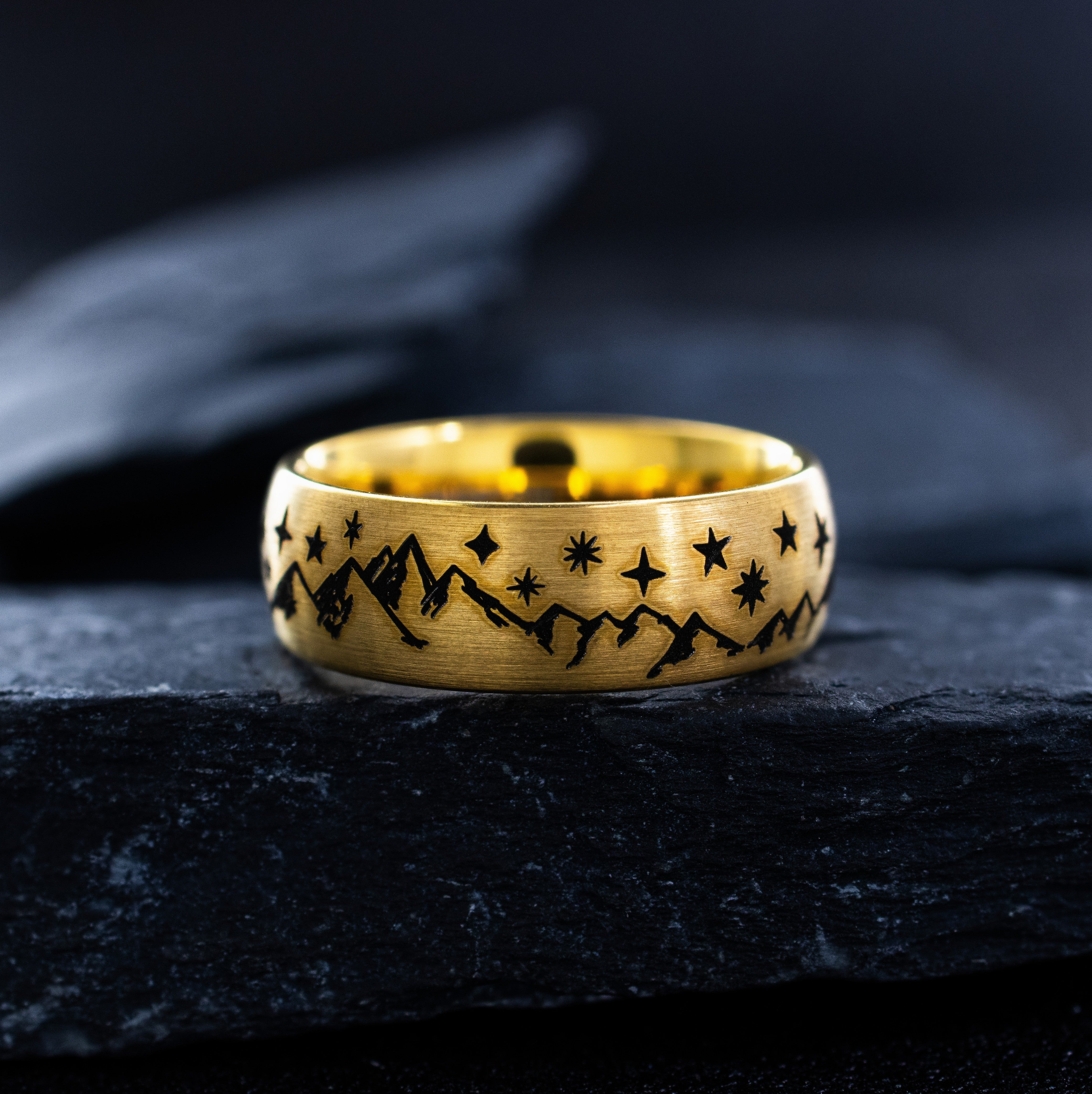 8mm Black Engraved Tungsten Ring with Mountains and Celestial Skyscape
