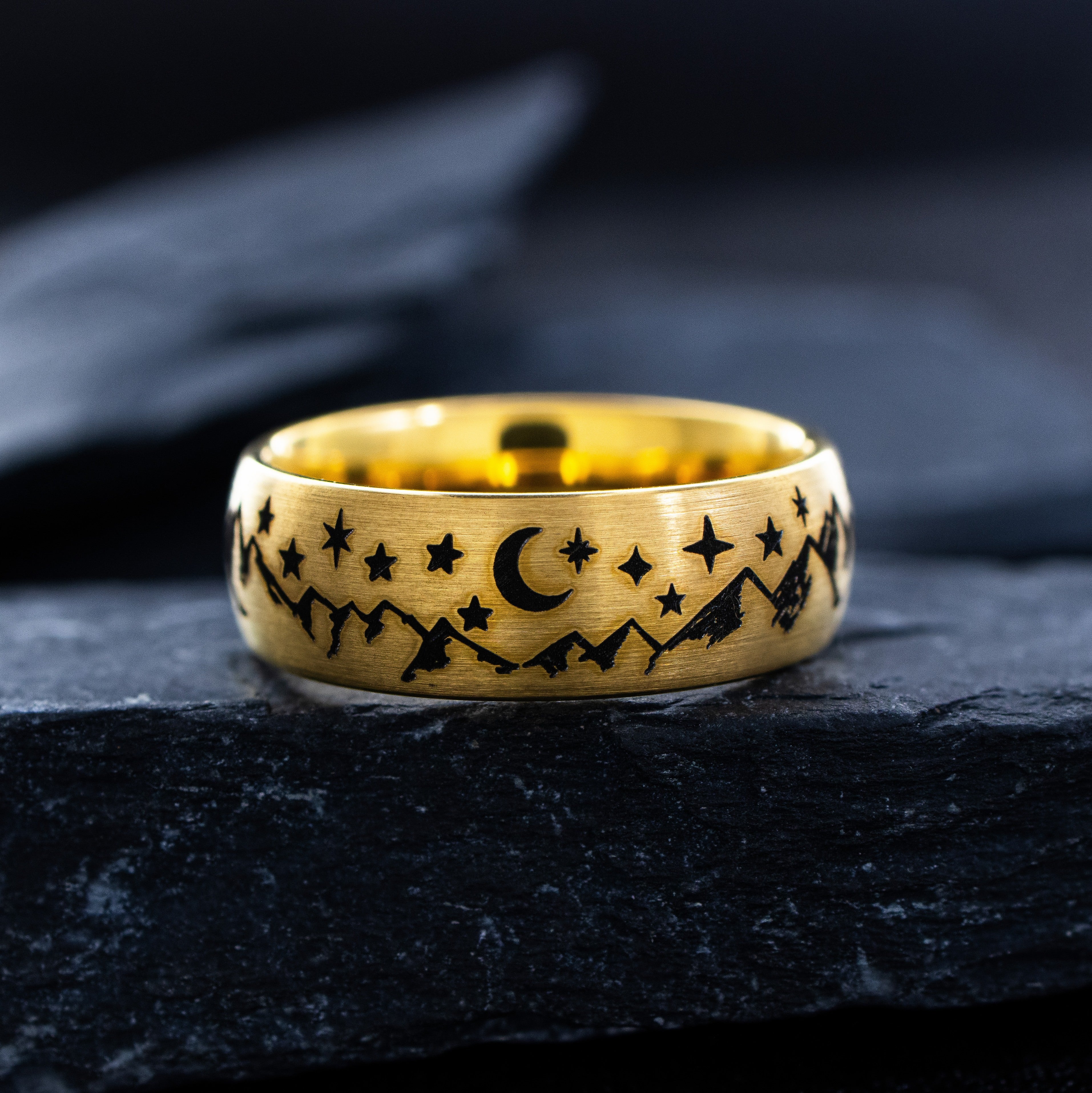 8mm Black Engraved Tungsten Ring with Mountains and Celestial Skyscape
