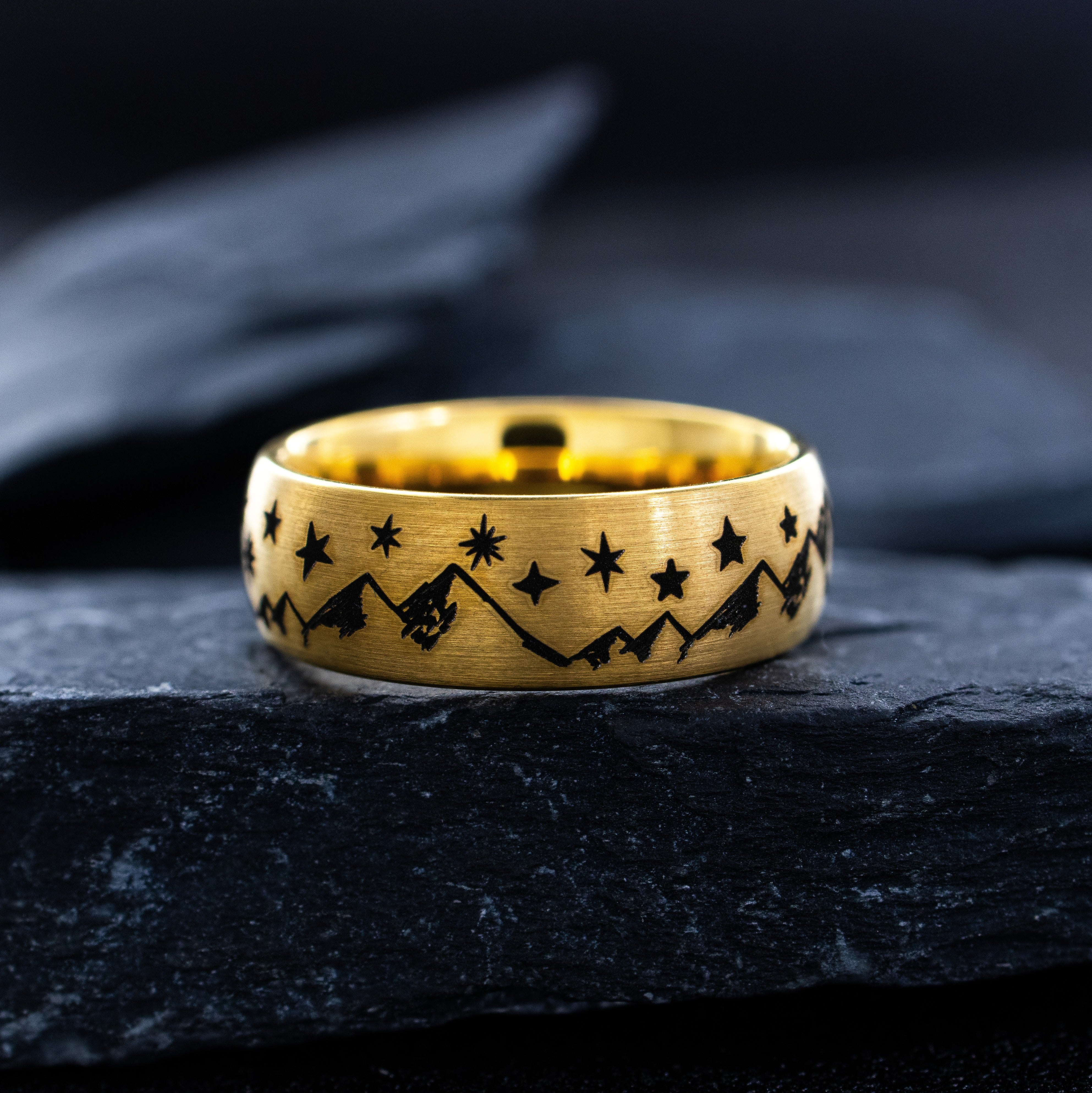 8mm Black Engraved Tungsten Ring with Mountains and Celestial Skyscape