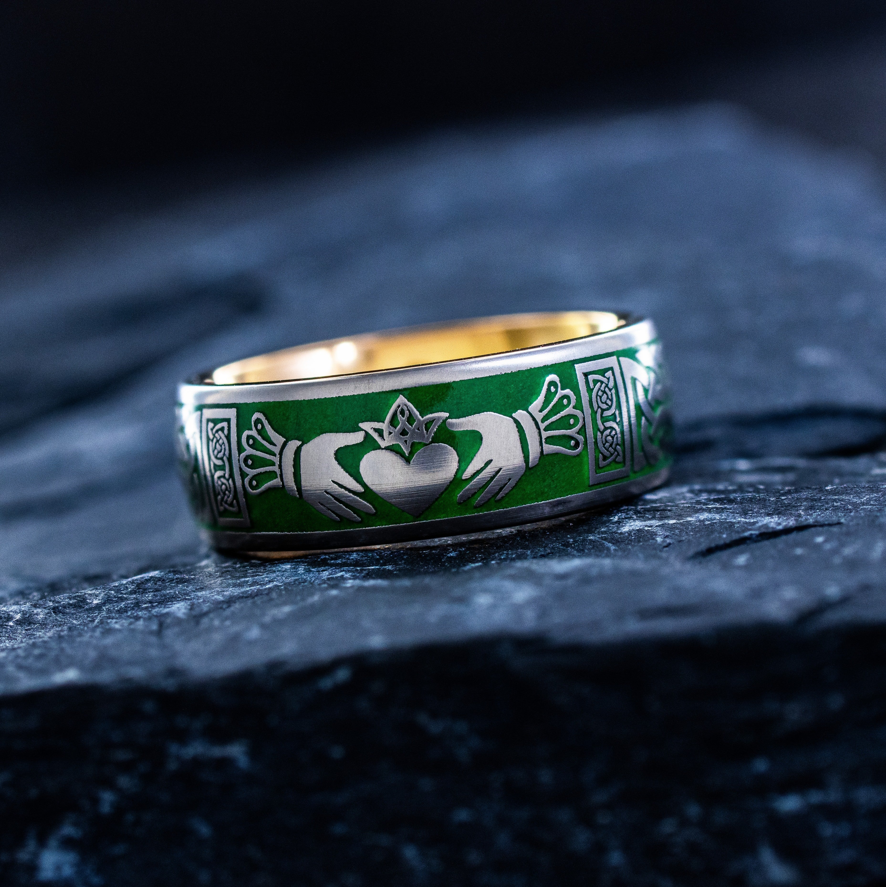 Celtic Knot and Claddagh Tungsten Ring with Green Enamel, 8mm Rose Gold Plated Tungsten Carbide Band