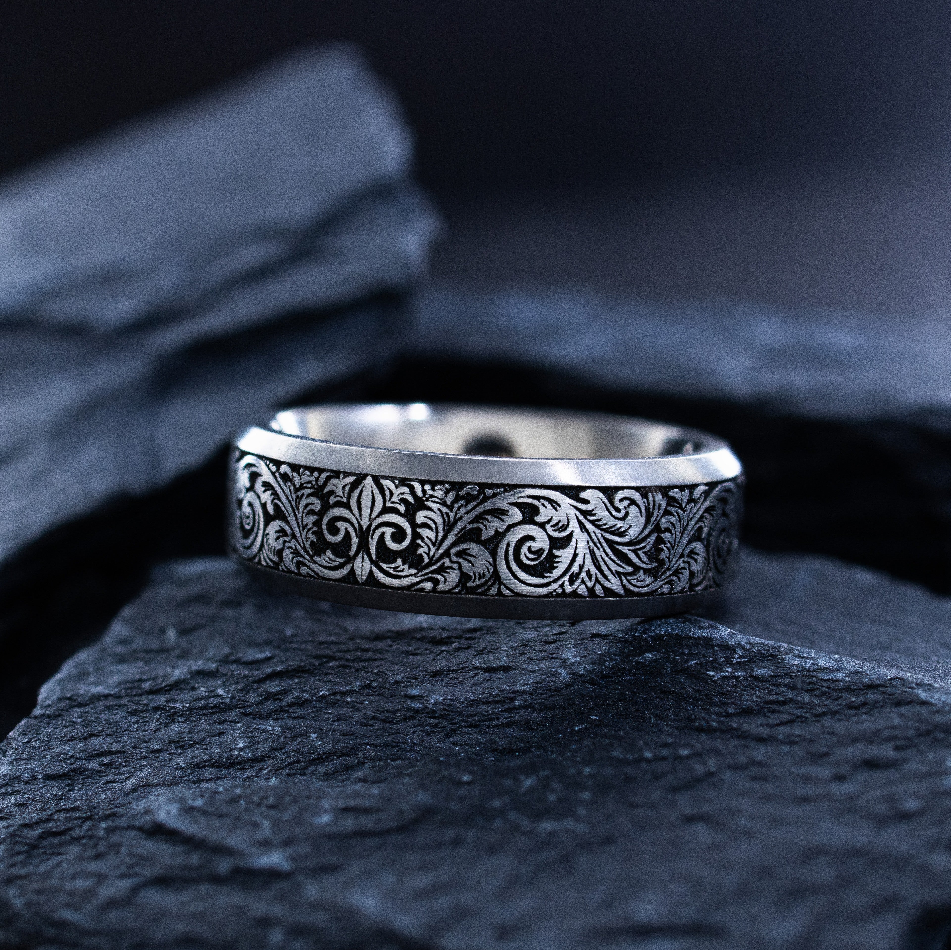 7mm Victorian Style Titanium Band with Deep Engraved Floral Pattern