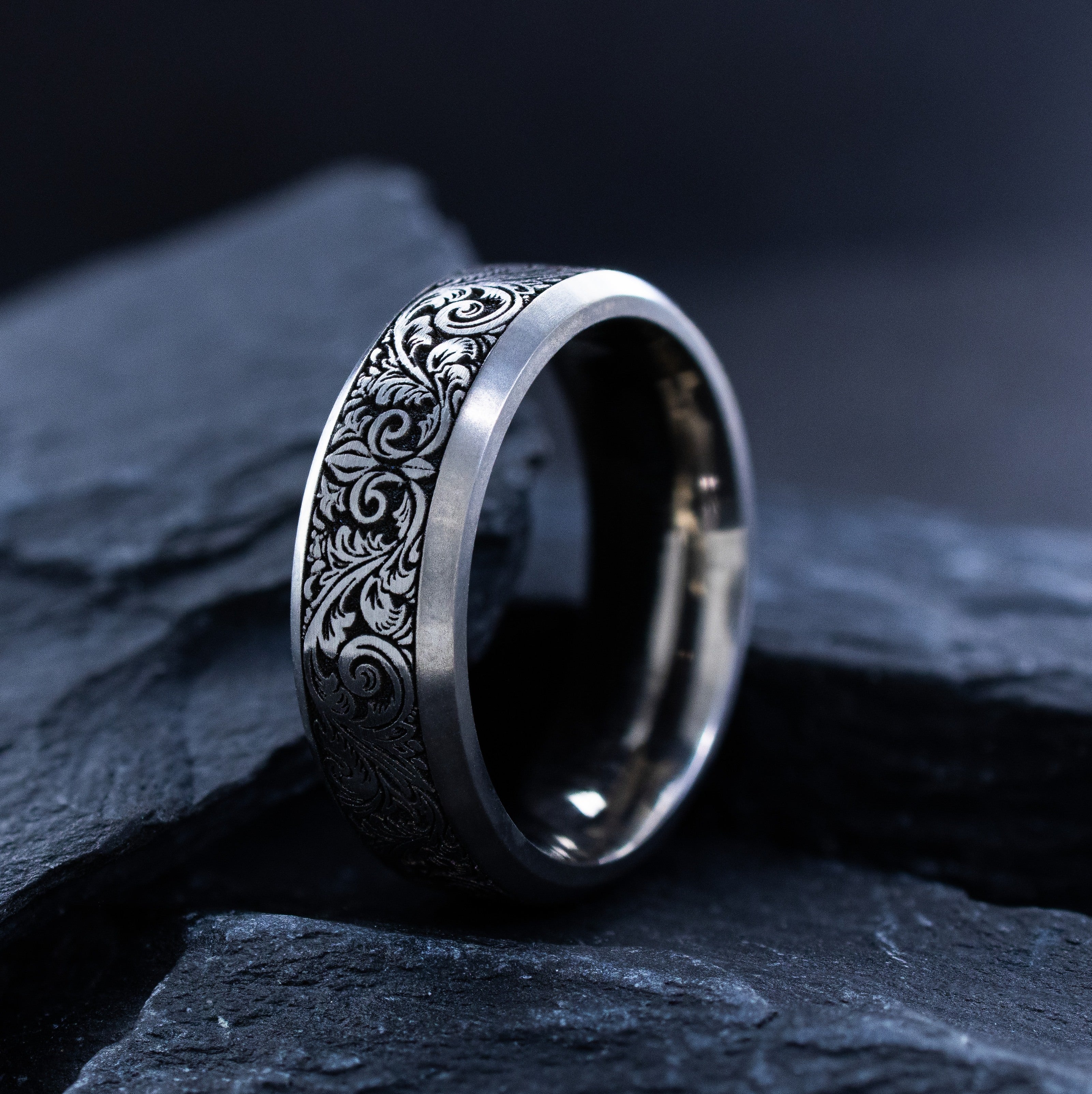 7mm Victorian Style Titanium Band with Deep Engraved Floral Pattern