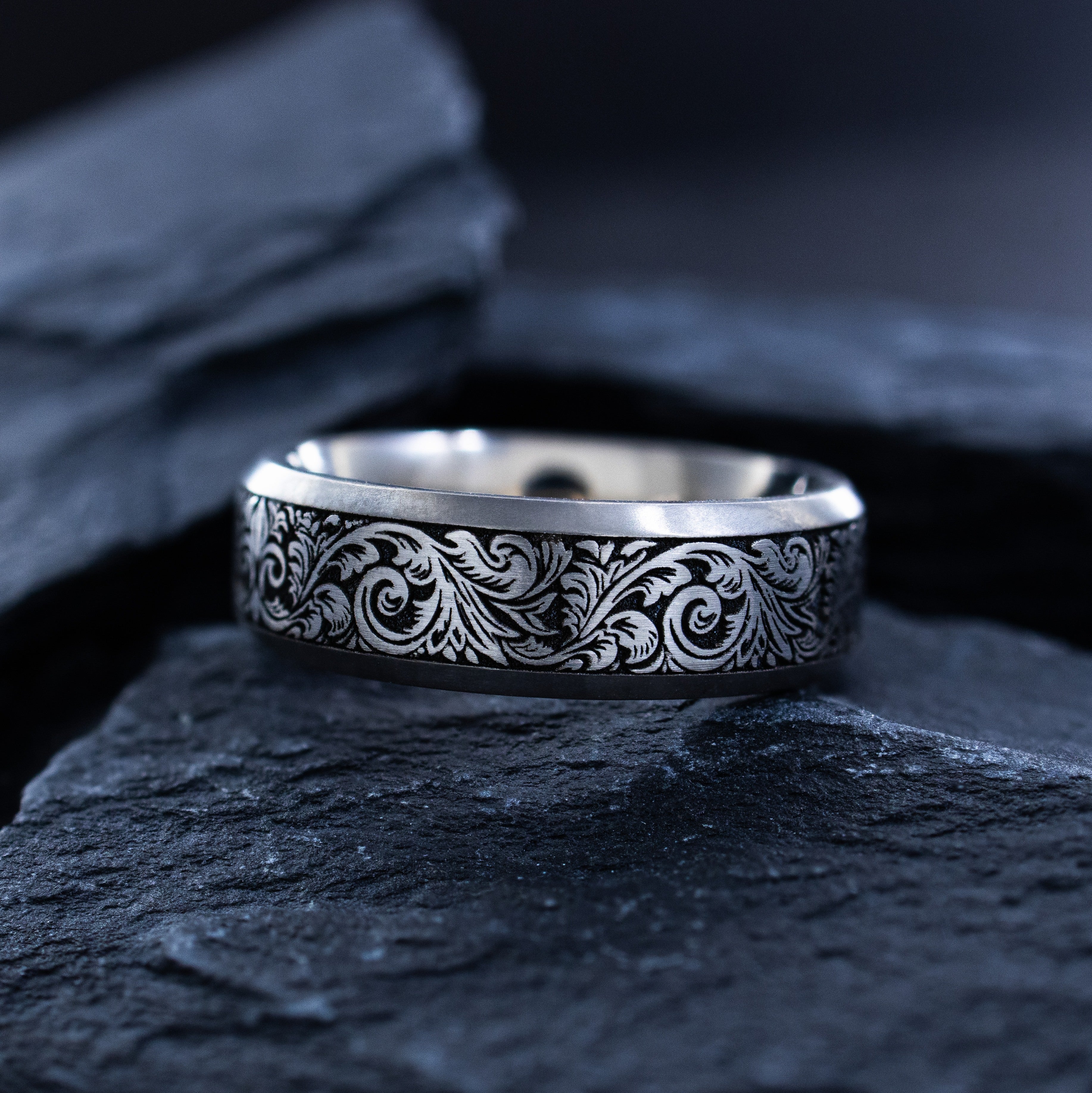 7mm Victorian Style Titanium Band with Deep Engraved Floral Pattern