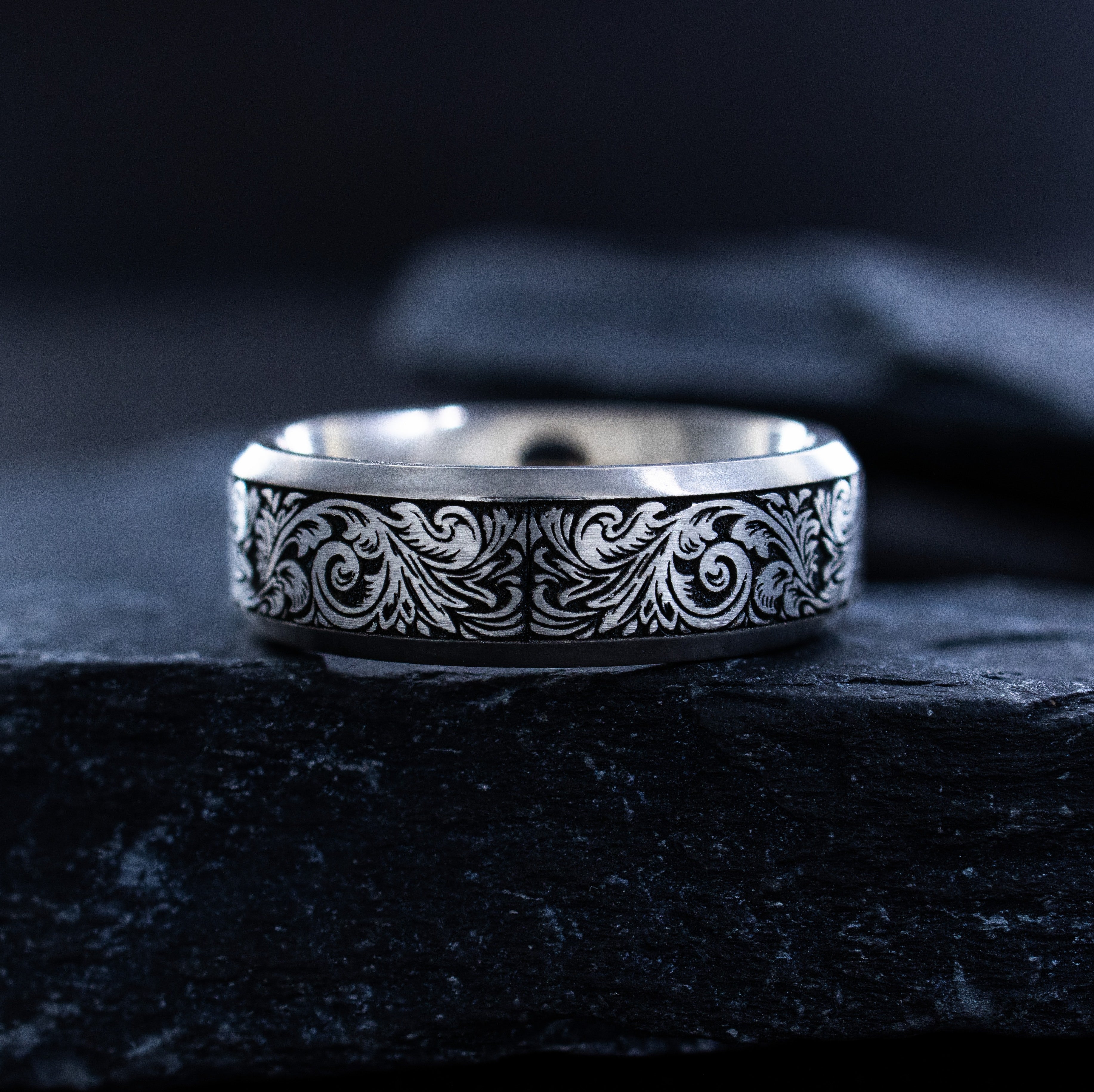 7mm Victorian Style Titanium Band with Deep Engraved Floral Pattern