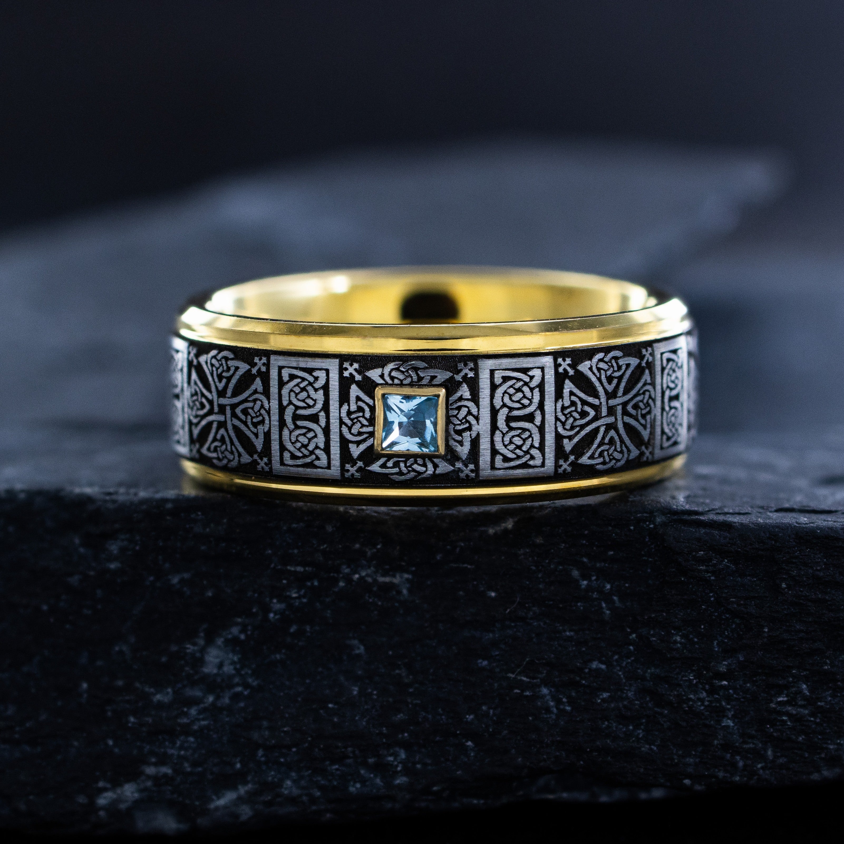 Deep Engraved Tungsten Carbide Ring with Repeating Celtic Crosses and Princess Cut Gemstone