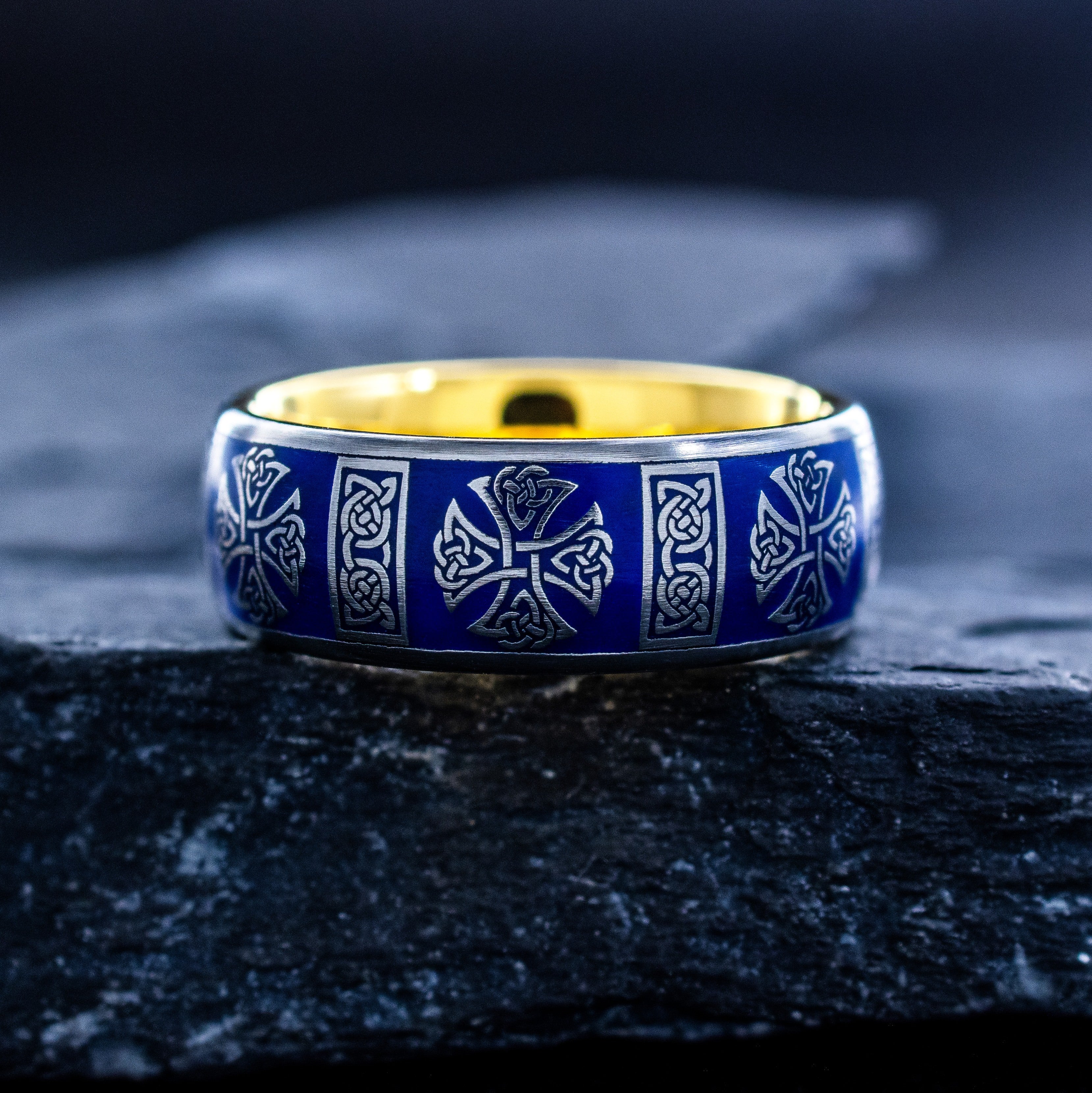 Celtic Cross Tungsten Ring with Royal Blue Enamel, 8mm Yellow Gold Plated Tungsten Carbide Band