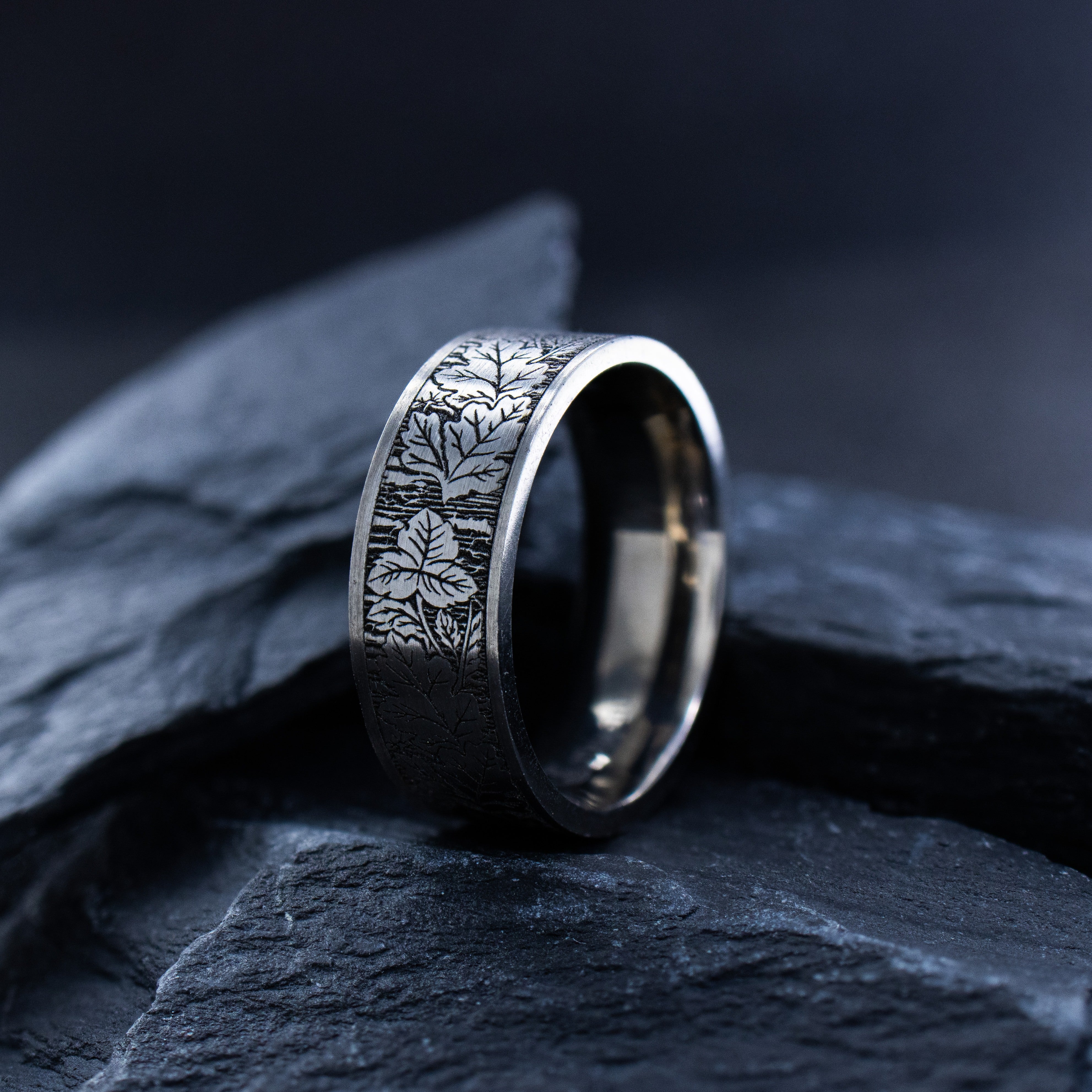 8mm Deep Engraved Titanium Band with Leaves and Branches