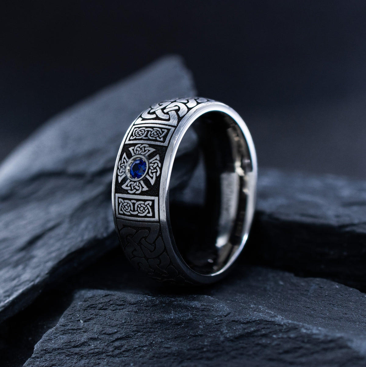 8mm Deep Engraved Titanium Band with Celtic Knots, Celtic Cross, and Gemstone