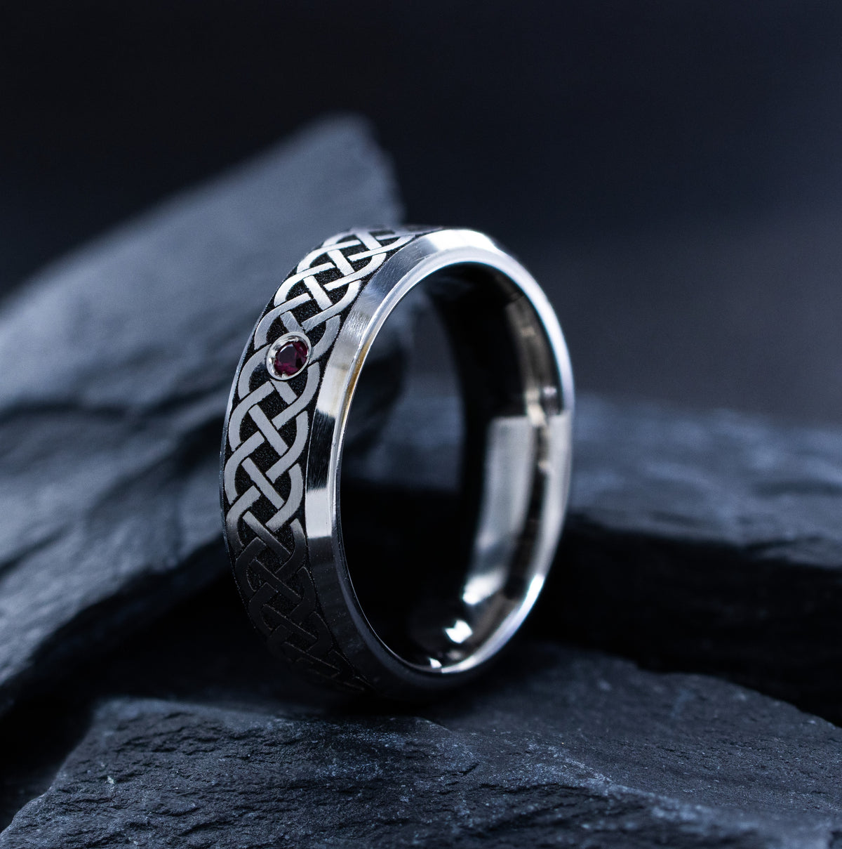 7mm Titanium Ring with Celtic Knot and Gemstone