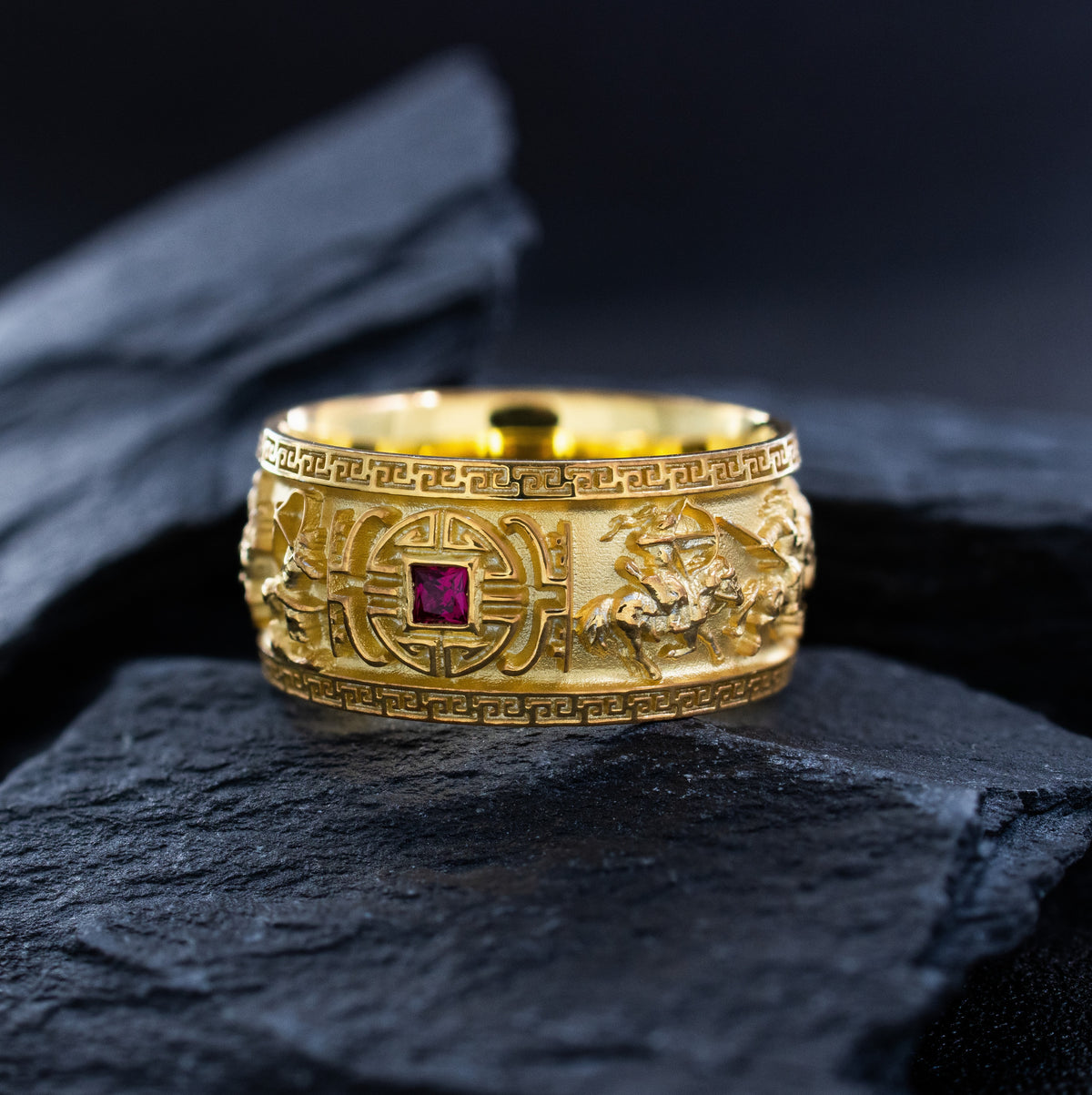 10mm Custom Made, Dome Shaped, 14k Solid Yellow Gold Ring with Mongol Warriors and Gemstone