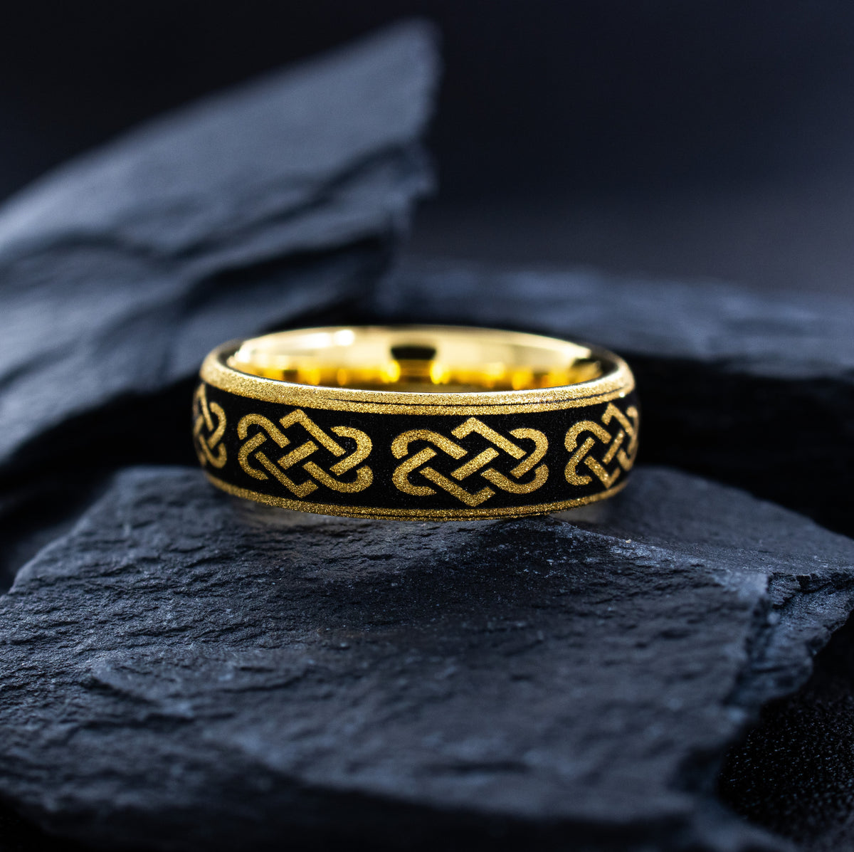 8mm Engraved Gold Plated Shiny Tungsten Ring with Celtic Knots