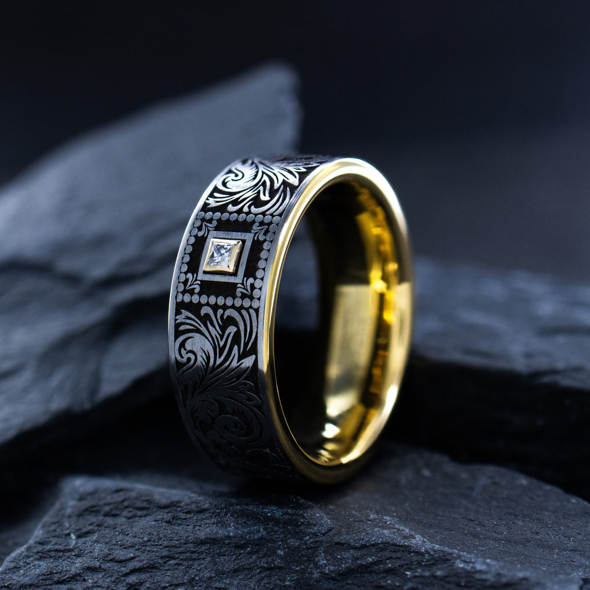 Victorian Floral 9mm Tungsten Carbide Ring with Gemstone