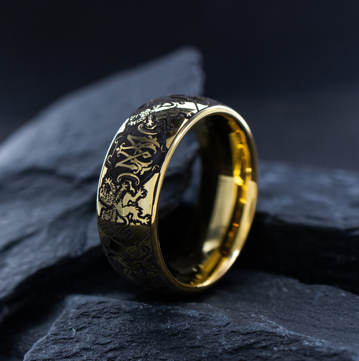 Personalized Monogram Ring with Heraldic Griffins, 9mm Gold Plated Tungsten Carbide Band
