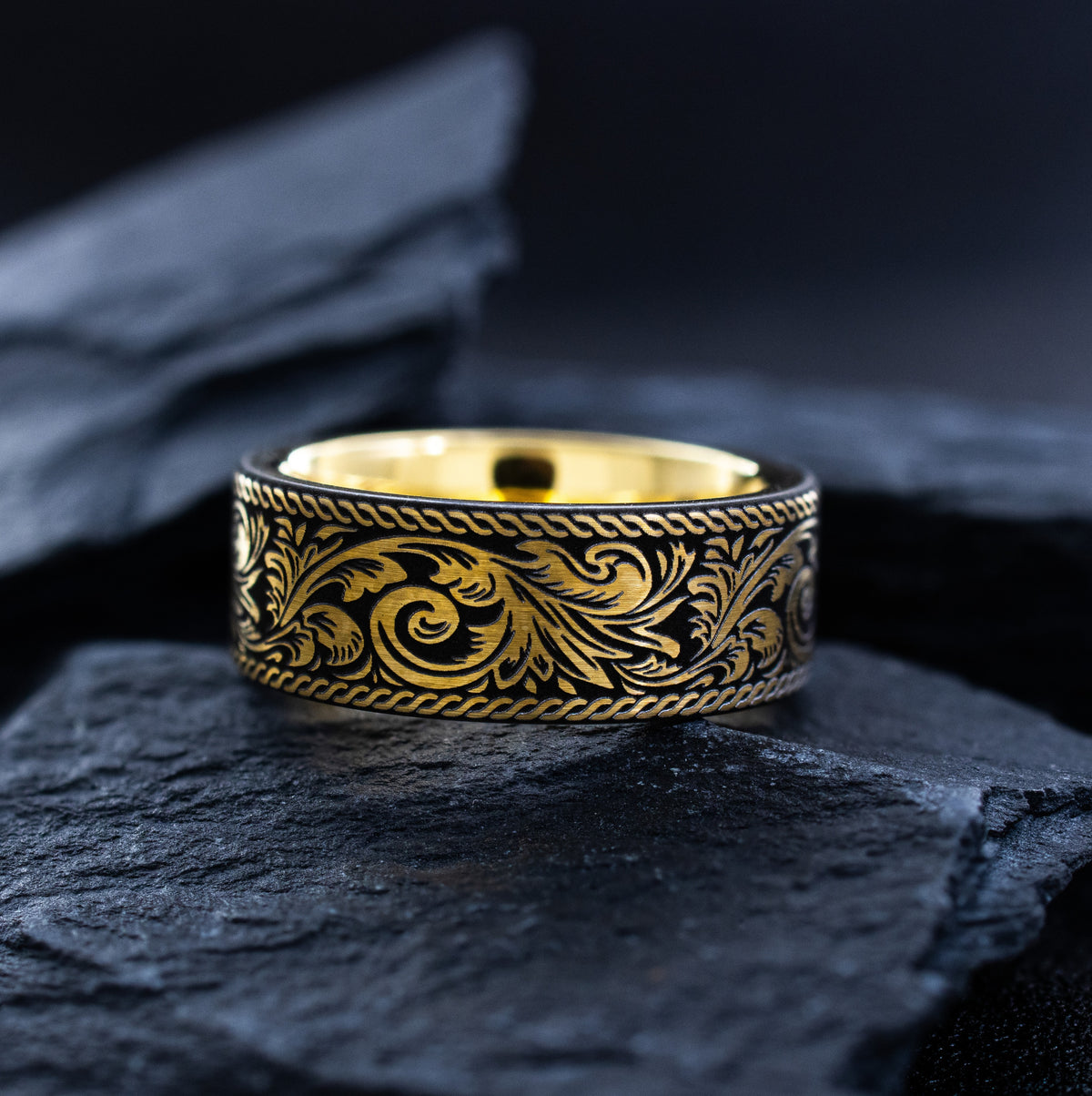Victorian Floral 8mm Tungsten Carbide Ring with Yellow Gold Plating