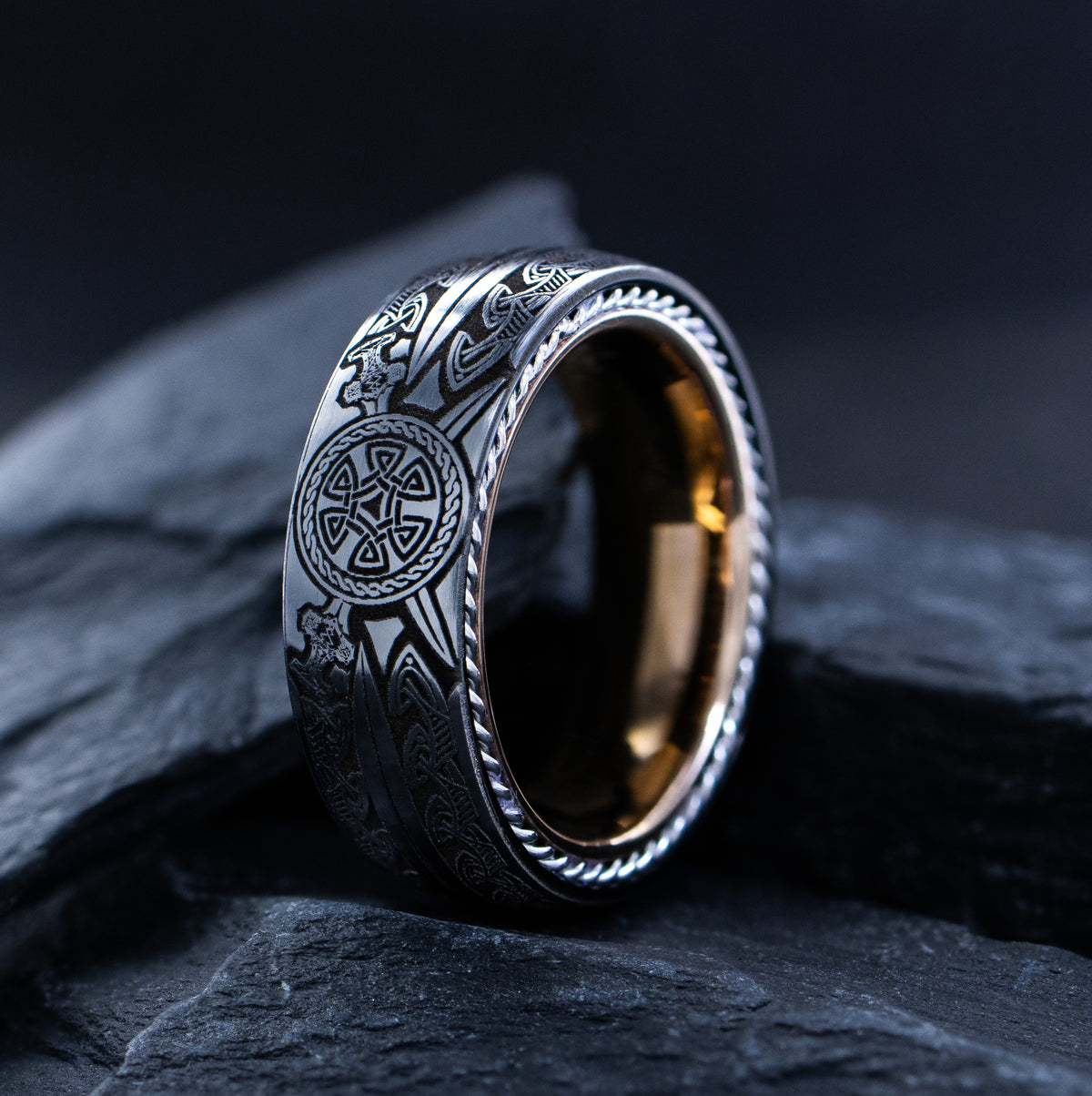 Rose Gold Plated 8mm Tungsten Ring with Braided Edges, Nordic Shield and Swords