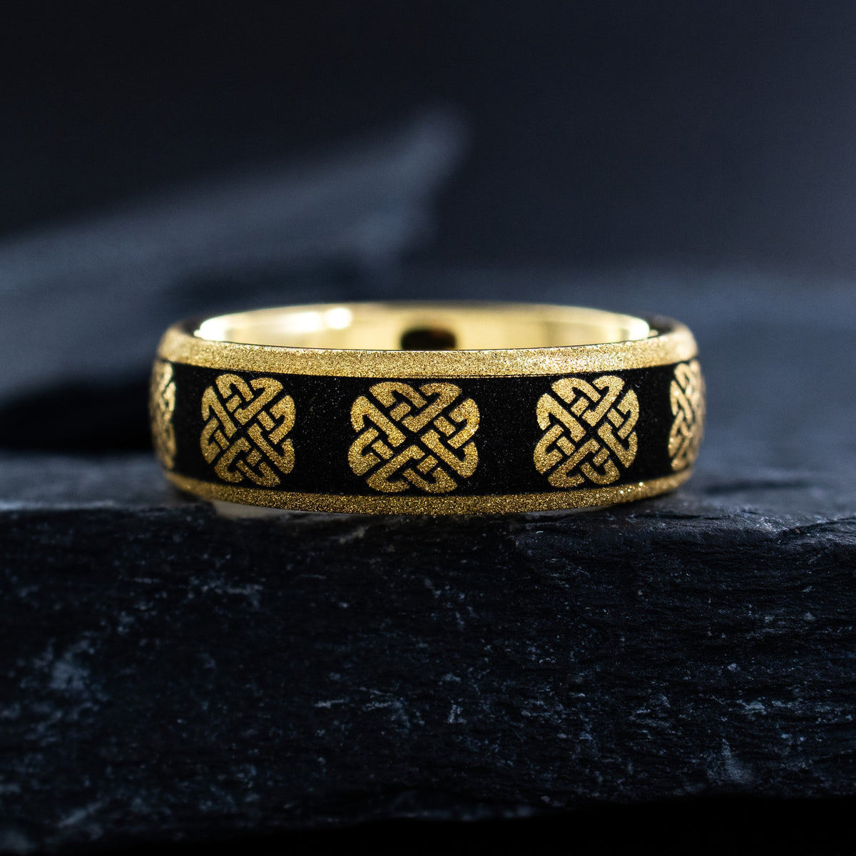 8mm Black and Gold Plated Tungsten Carbide Ring with Celtic Knots