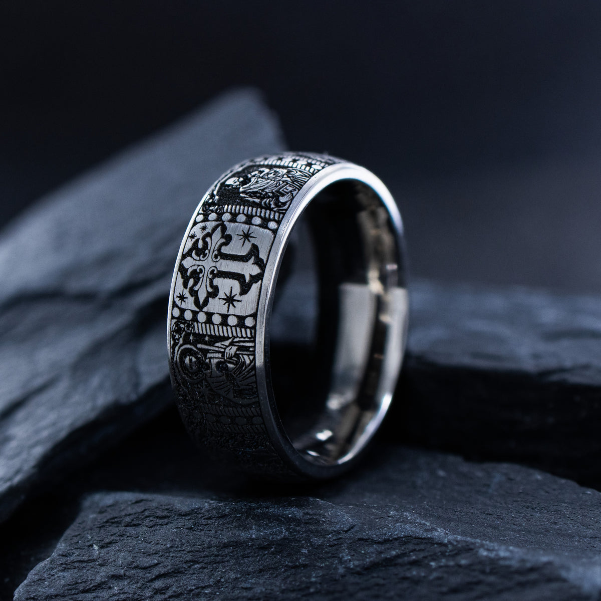 8mm Deep Engraved Titanium Band with Cross and Christian Saints