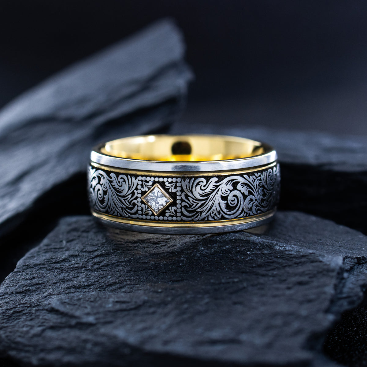 Victorian Floral Scrollwork Cobalt 8mm Band with Gemstone and Yellow Gold Plating